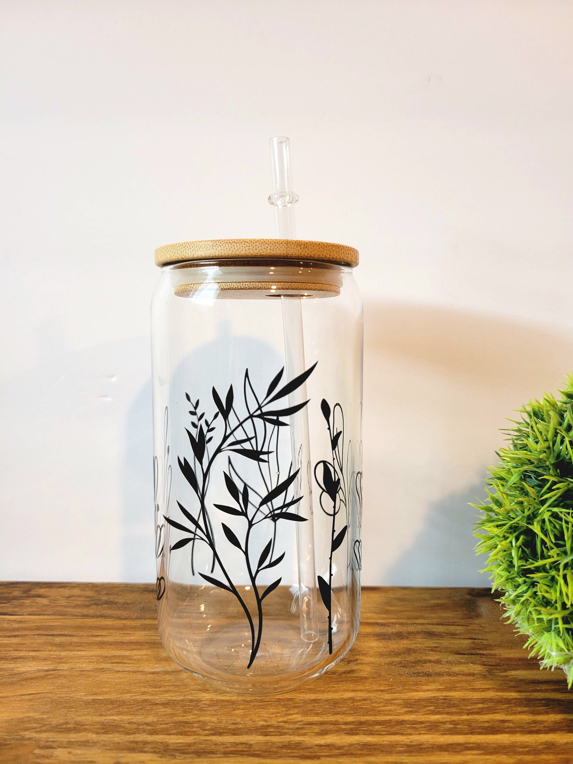 WILDFLOWERS GLASS CAN, Glass Coffee Cup, Aesthetic Beer Can Glass, Floral Iced Coffee Cup with Bamboo lid and Straw