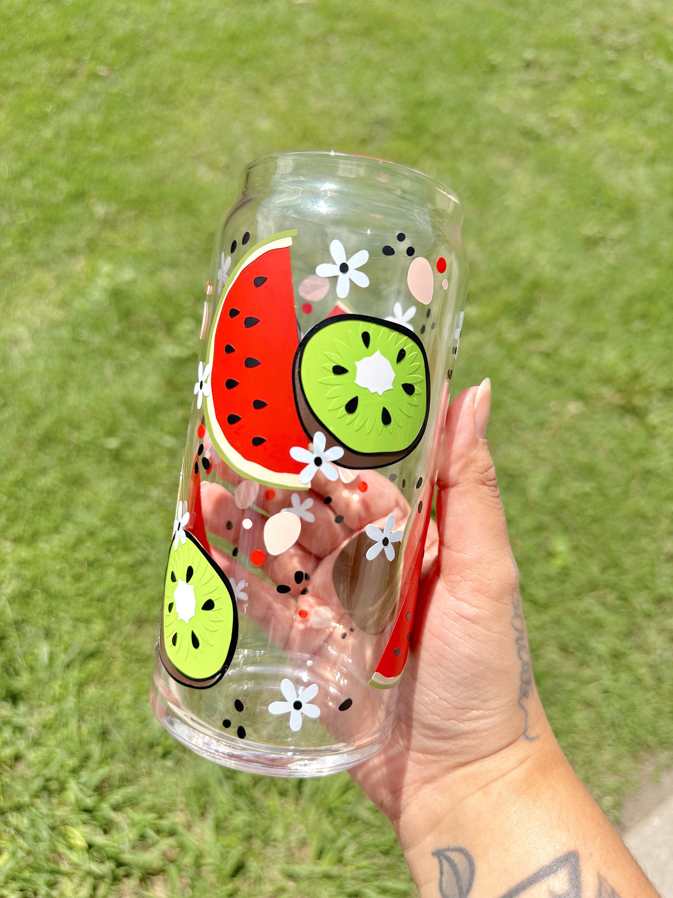 Watermelon Kiwi Glass Cup, Fruit Glass Cup, Spring Glass Cup, Trendy Glass Cup, Summer Glass Cup