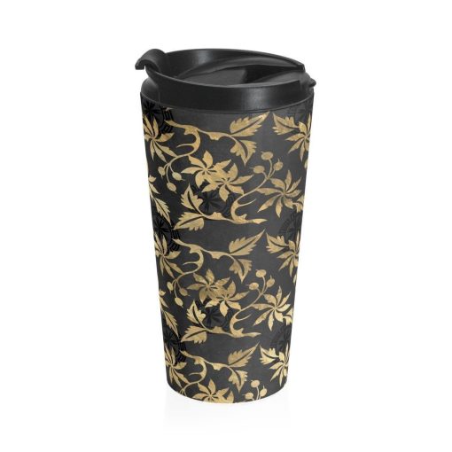 Stainless Steel Travel Mug, Floral Boho Bohemian Hippie Travel Mug, Filigree Leaves Print Cup, 15 Ounce Tumbler, 15Oz Coffee Tea Drinkware