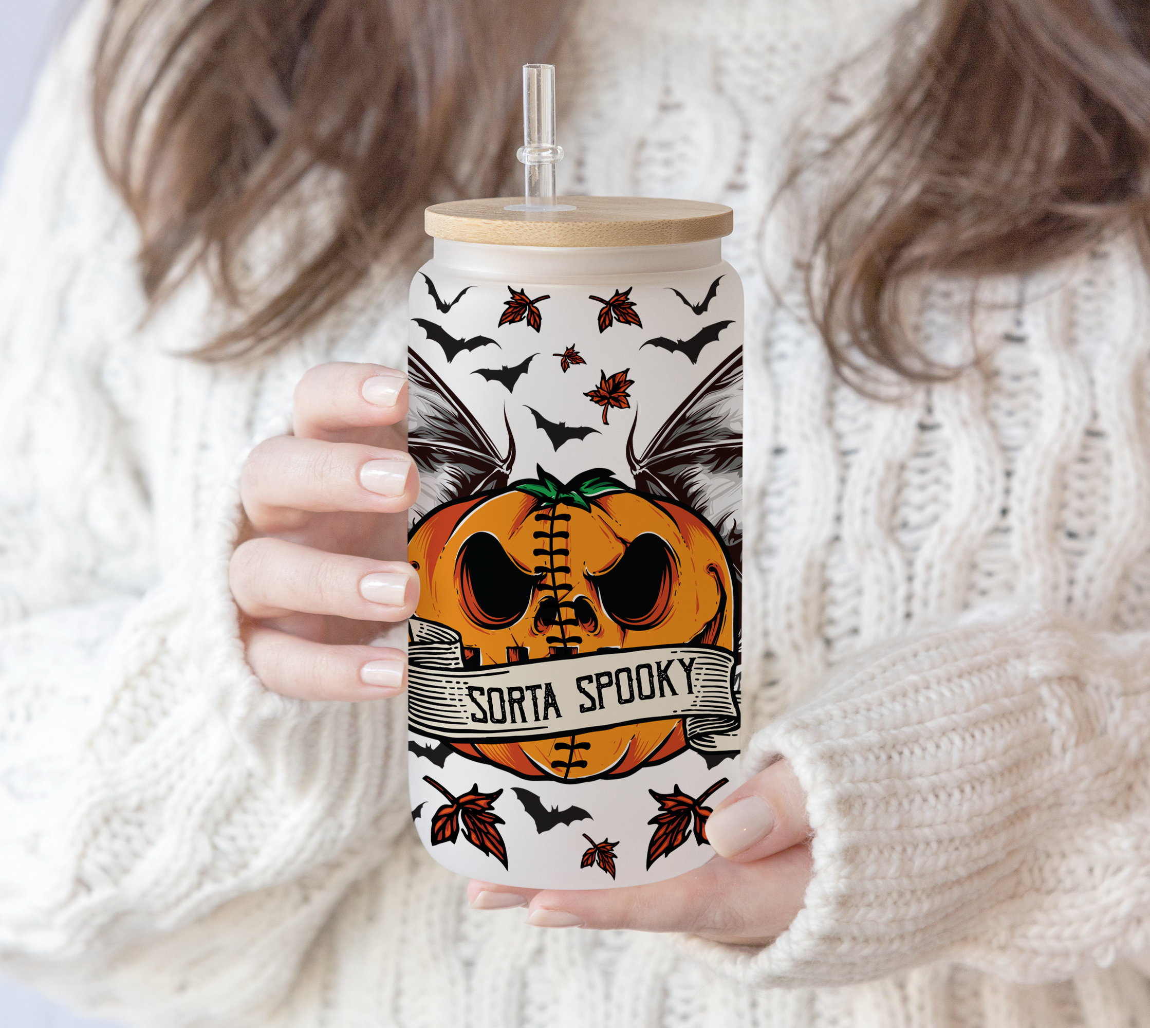 16 oz Libbey Glass Can Sorta Sweet Sorta Steleton Spooky Halloween Sublimation Wrap, Bat Pumpkin, Halloween png