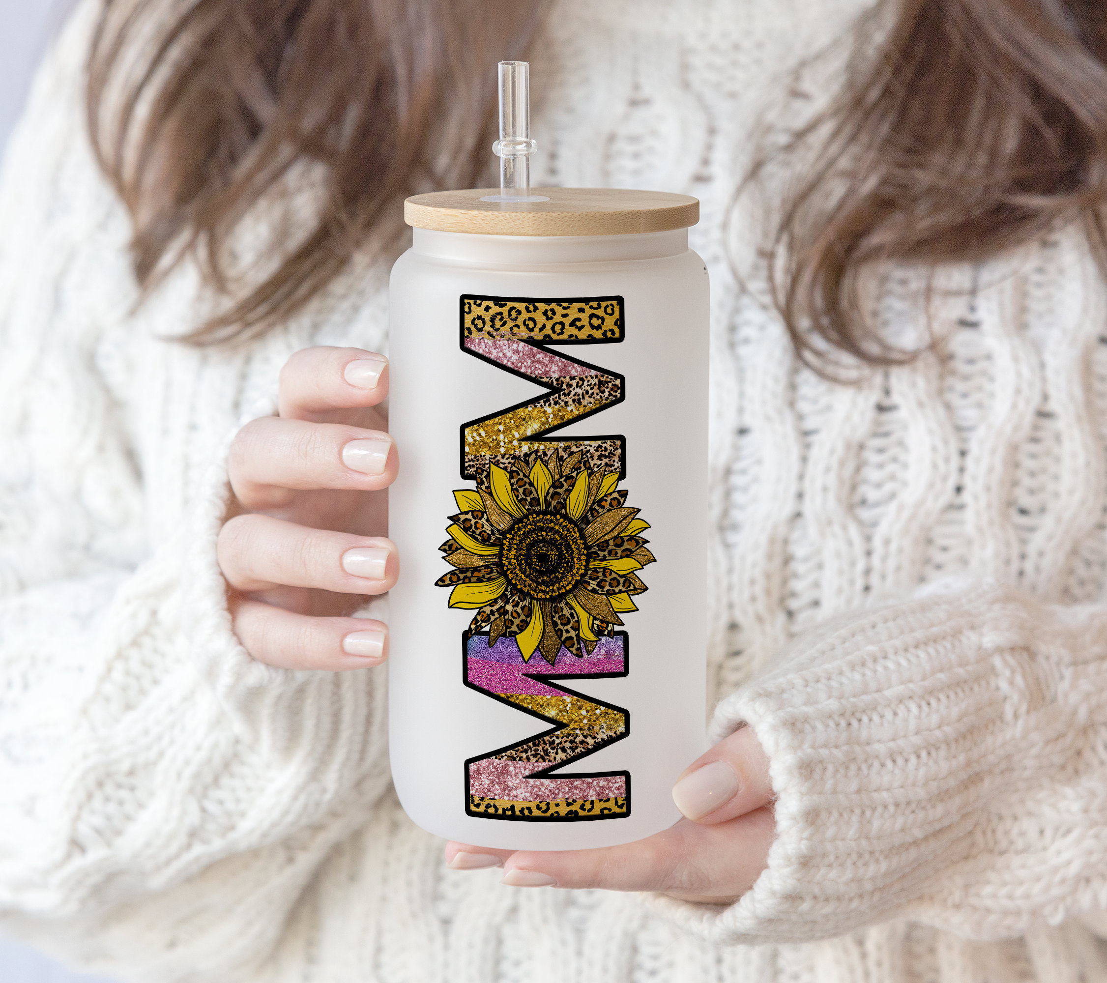 16 oz Libbey Glass Can MOM Rose Gold Leopard Glitter Sunflower Gift for mom , Mother’s Day , PNG Digital Download