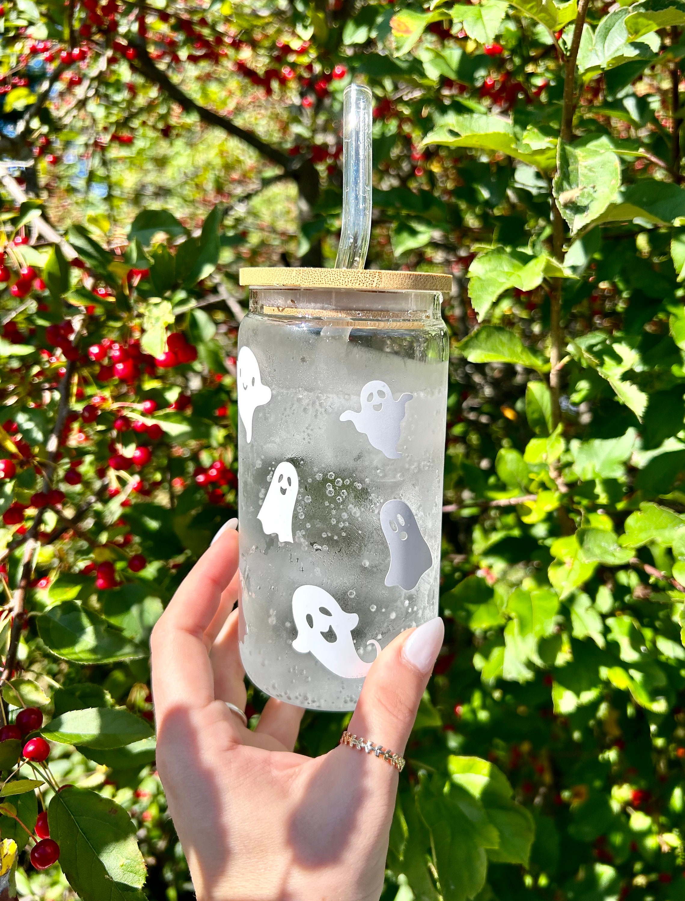 Spooky Ghost Glass Cup | Halloween/Fall Glass Iced Coffee cup | Ghosts glass cup | Funny Ghost glass cup | 16 oz glass cup | 20 oz glass cup