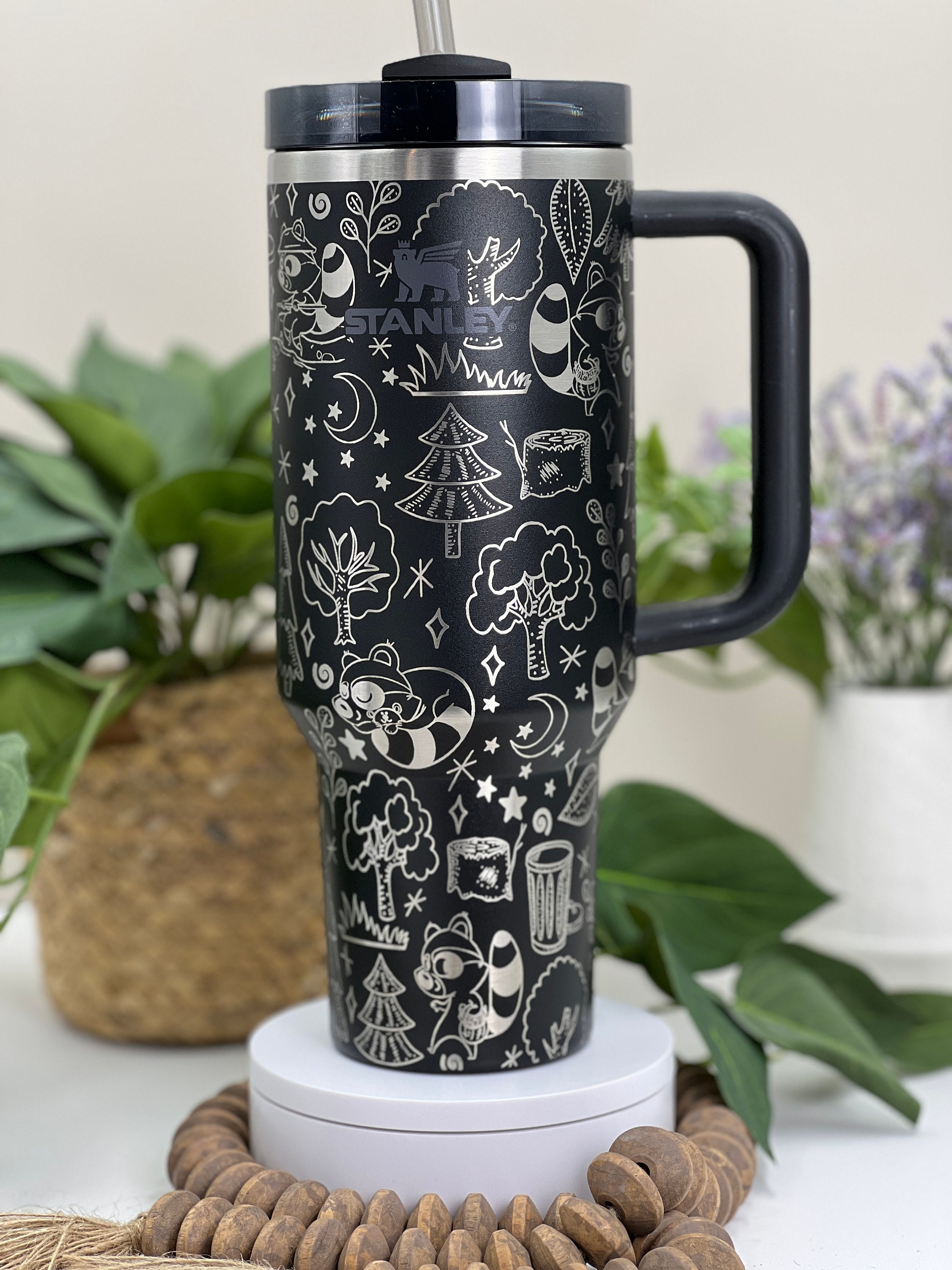 Raccoon Doodles Laser Engraved 40oz Tumbler with Handle Lid and Straw, Custom Engraved Seamless Tumbler, Double Wall Insulated Cup