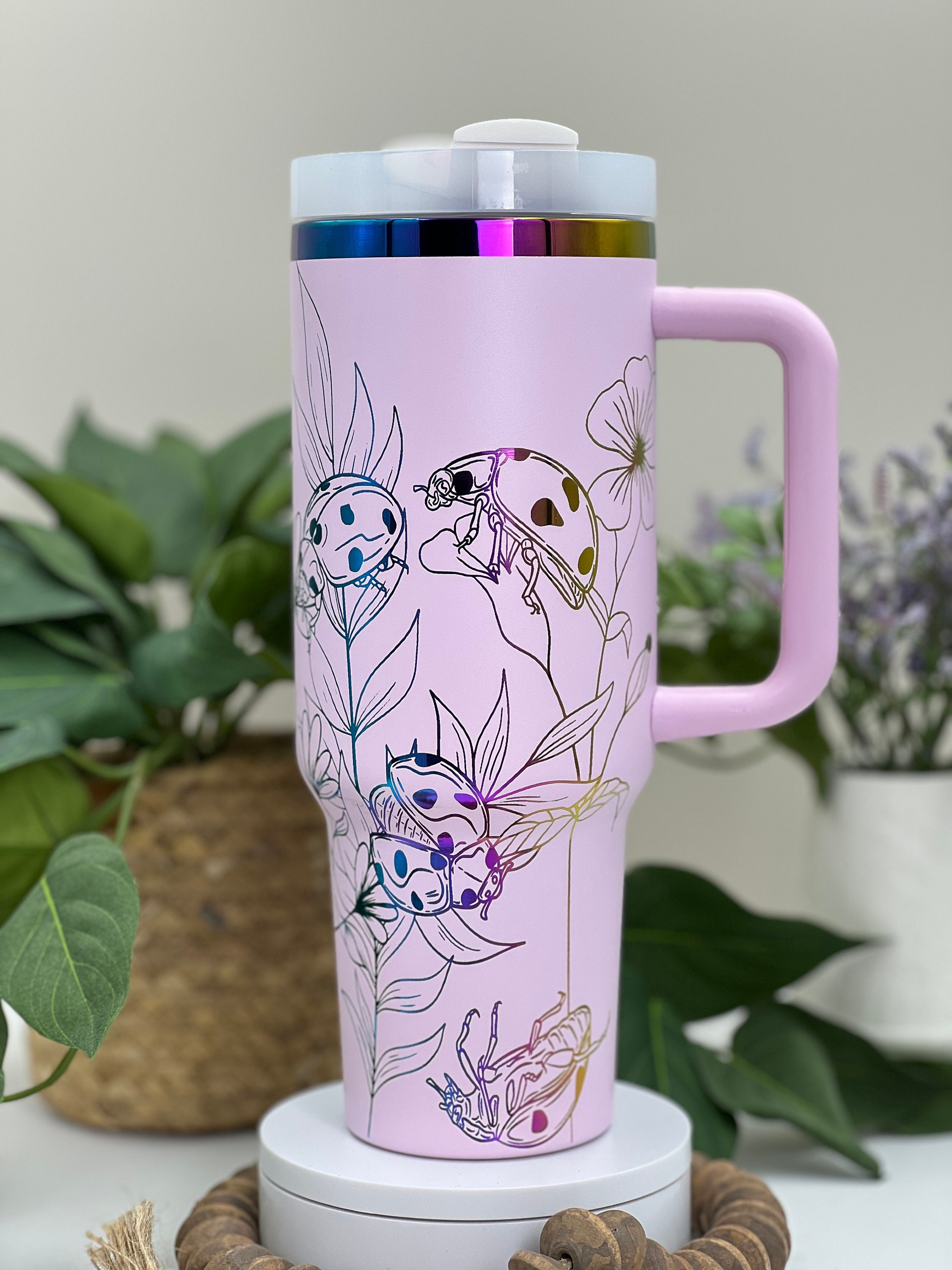 Ladybugs Laser Engraved 40oz Tumbler with Handle Lid and Straw, Custom Engraved Seamless Tumbler, Double Wall Insulated Cup