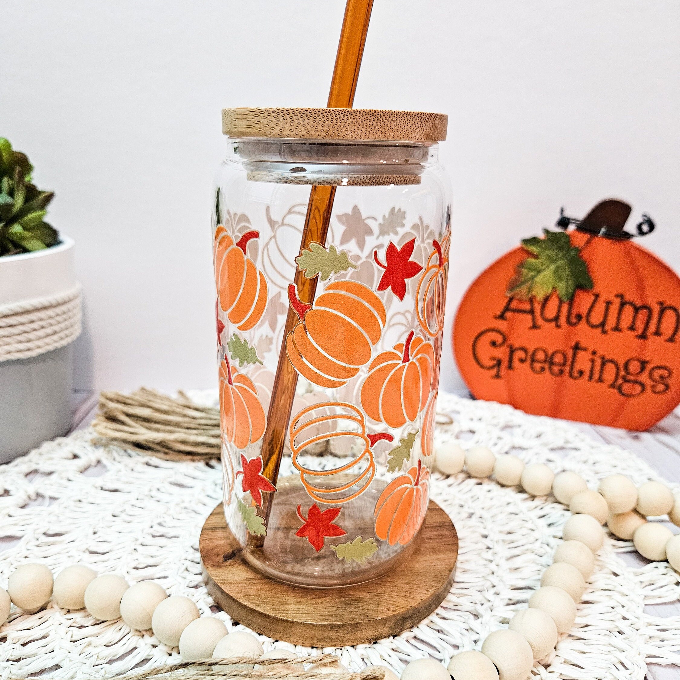 Fall Leaves Glass Can, Pumpkin Soda Can Glass, Fall Boho Cup, Pumpkin Season, Autumn Leaves, Aesthetic Iced Coffee Cup, Fall Gifts under 30