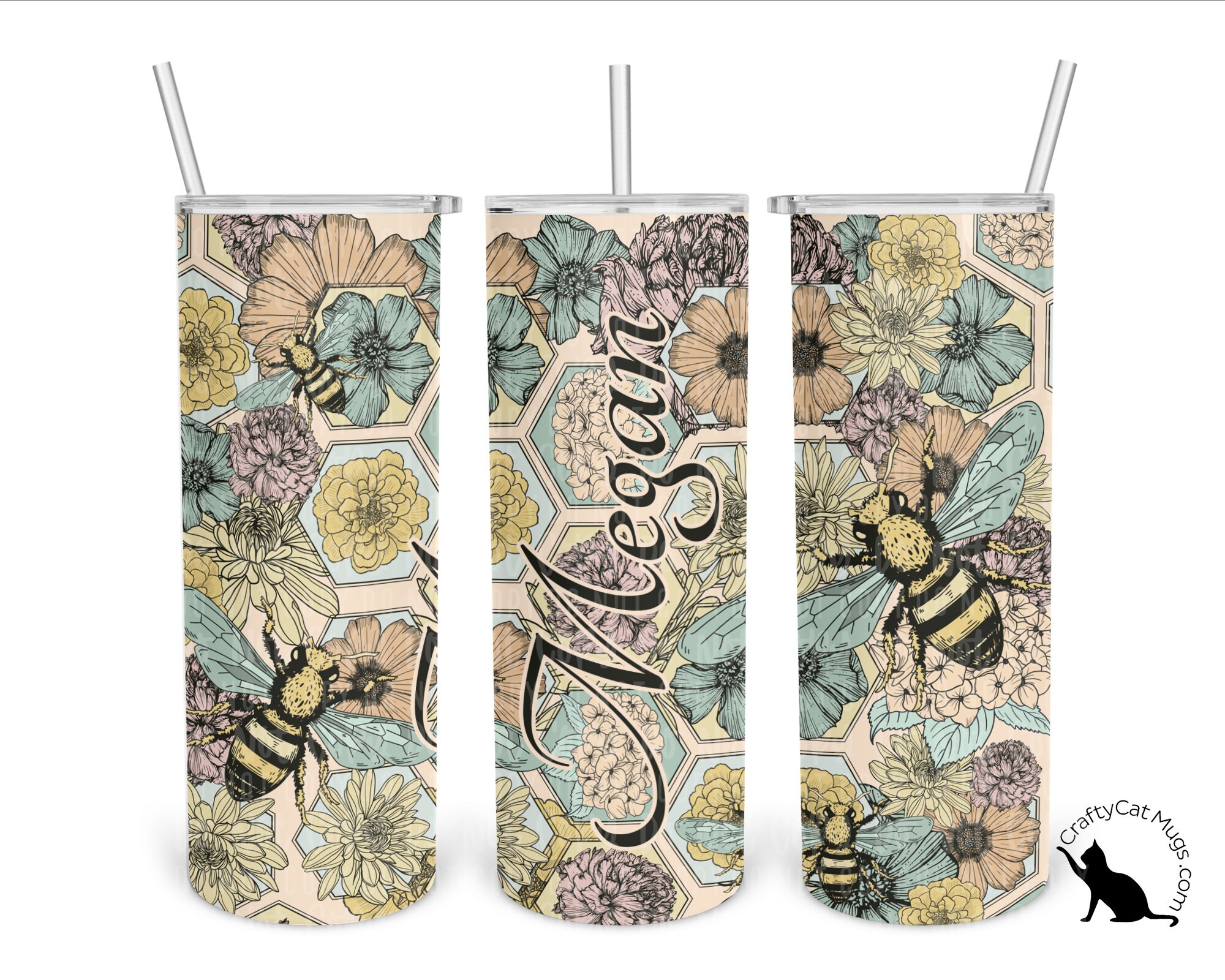 Vintage Bee Design Tumbler | Bee Tumbler | Pretty Bee and Floral Cup