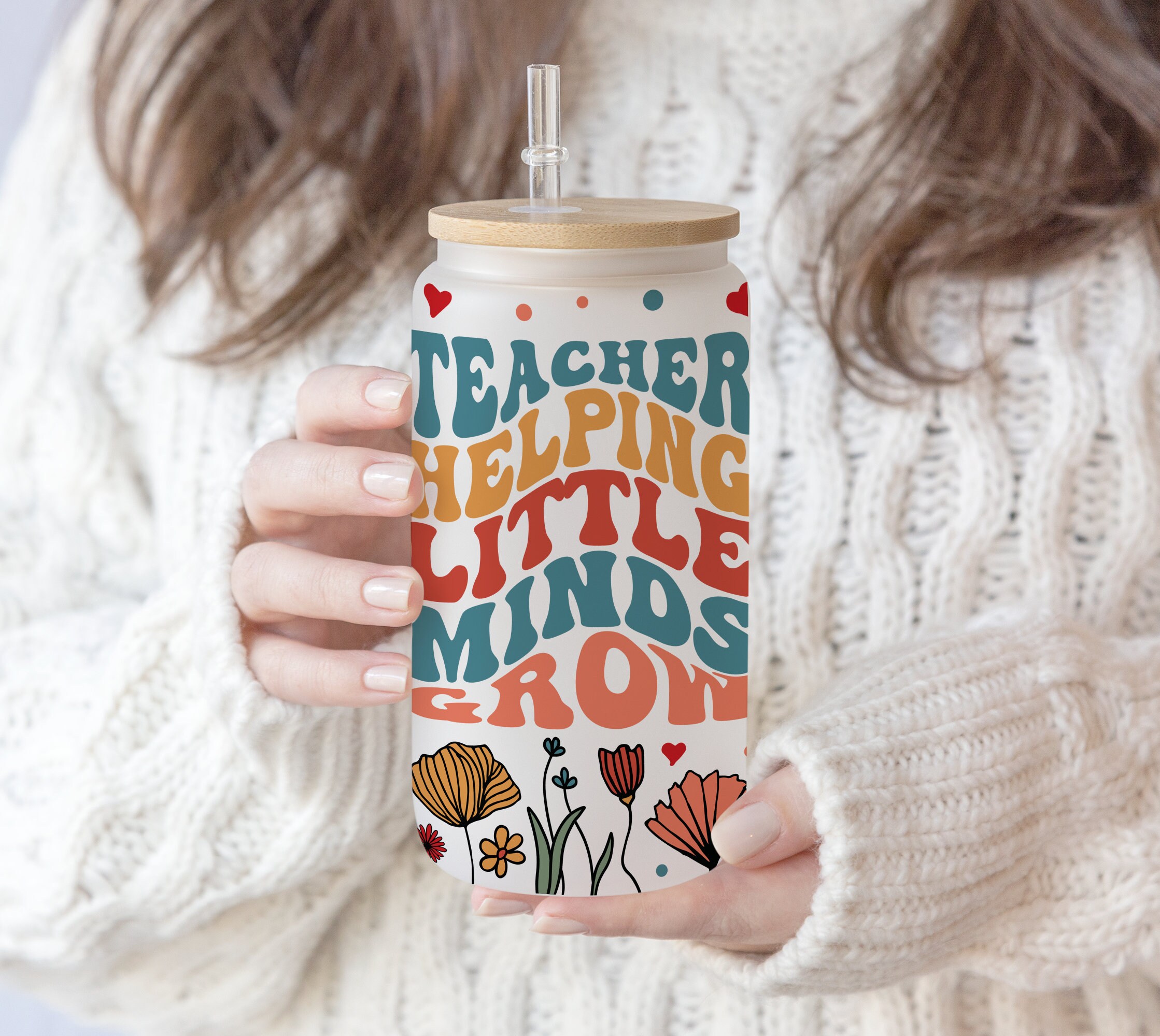 16 oz Libbey Glass Can Tumbler Sublimation Seamless Teacher Helping Little Minds Grow | Groovy Flower Coffee Teacher | Gift for mom PNG