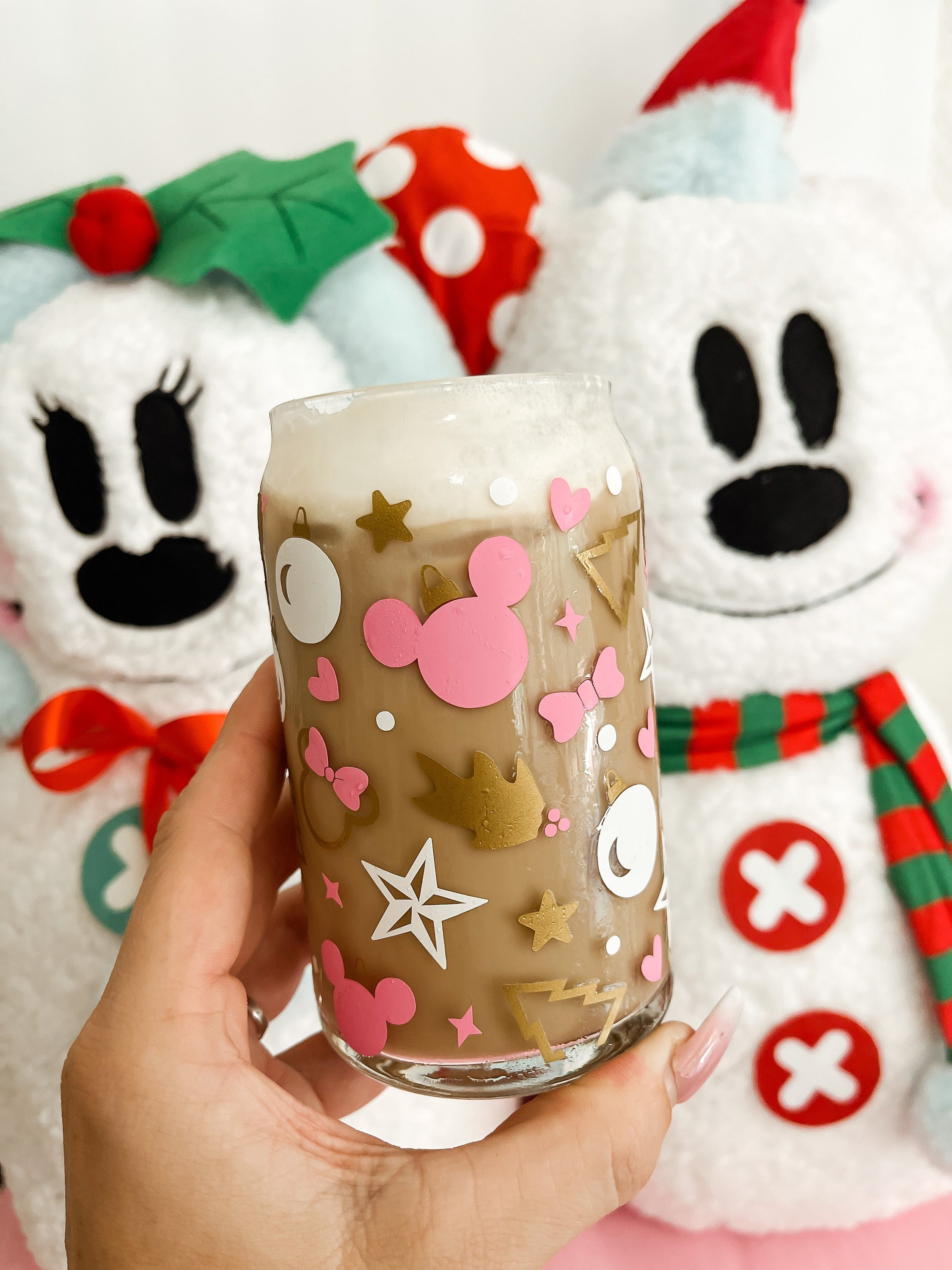 Christmas Tumbler, Mouse Ears Iced Coffee Glass, Can Glass, Beer Soda Can, Christmas Cup, Coffee Glass, Cup Lid Straw, Pink Inspired Gift