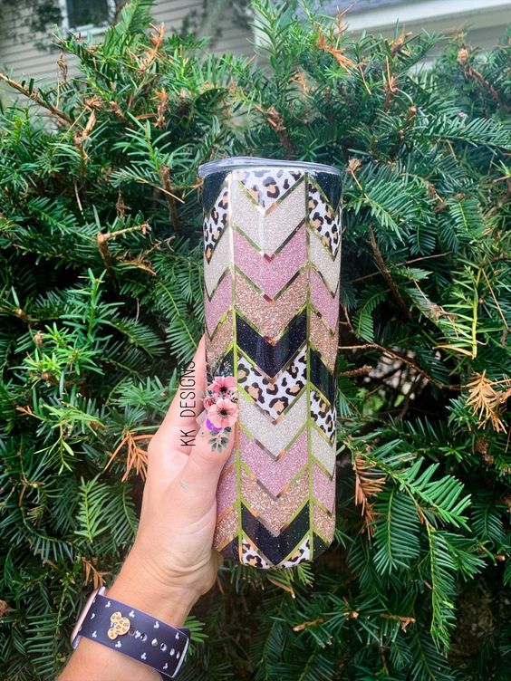 Tangram Leopard Pink Glitter Tumbler, Arrows Custom Glitter Tumbler