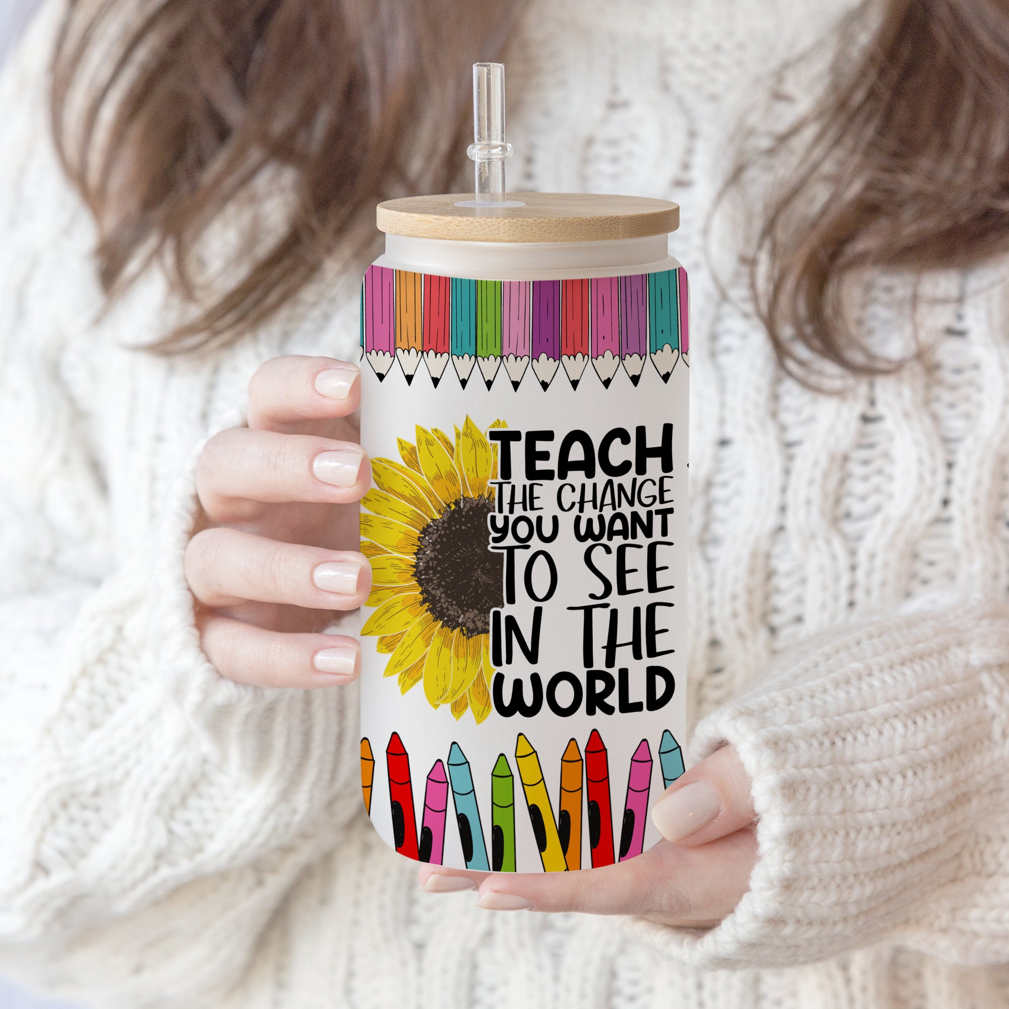 16 oz Libbey Glass Can Tumbler Sublimation Design Teacher Sunflower ,Coffee Teacher Rainbow Gift for teacher,Teacher,gift for mom,mother day