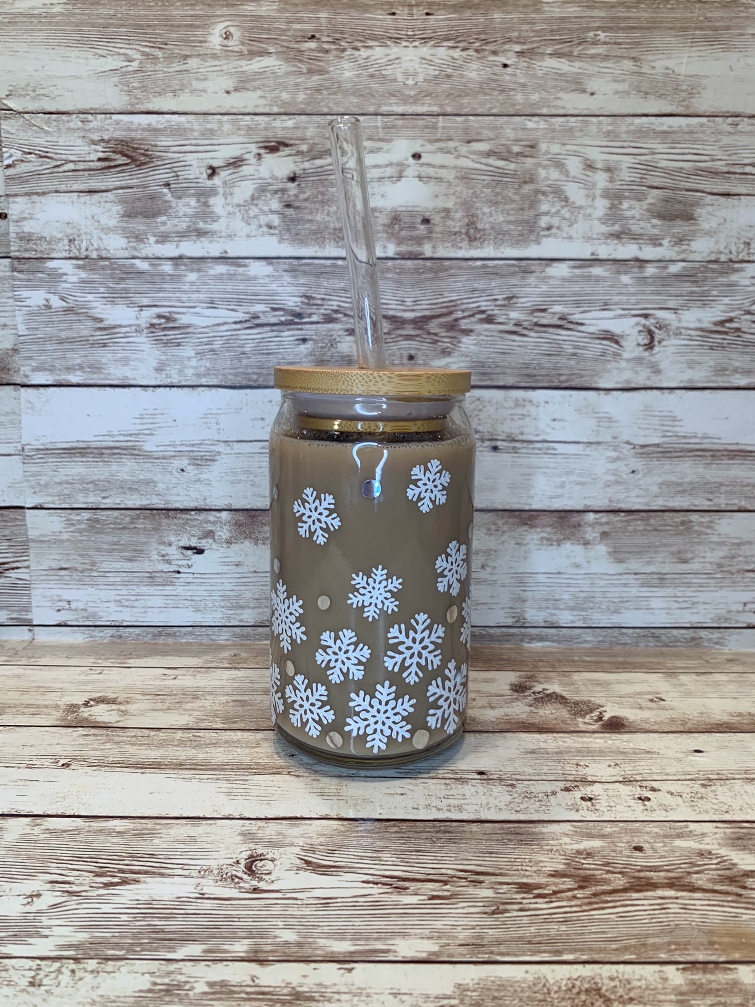 Winter Snowflake beer can glass / Christmas Snowflake Cup / Gift for Her / Iced Coffee Glass /  Holiday Coffee Cup / Glitter Snowflakes