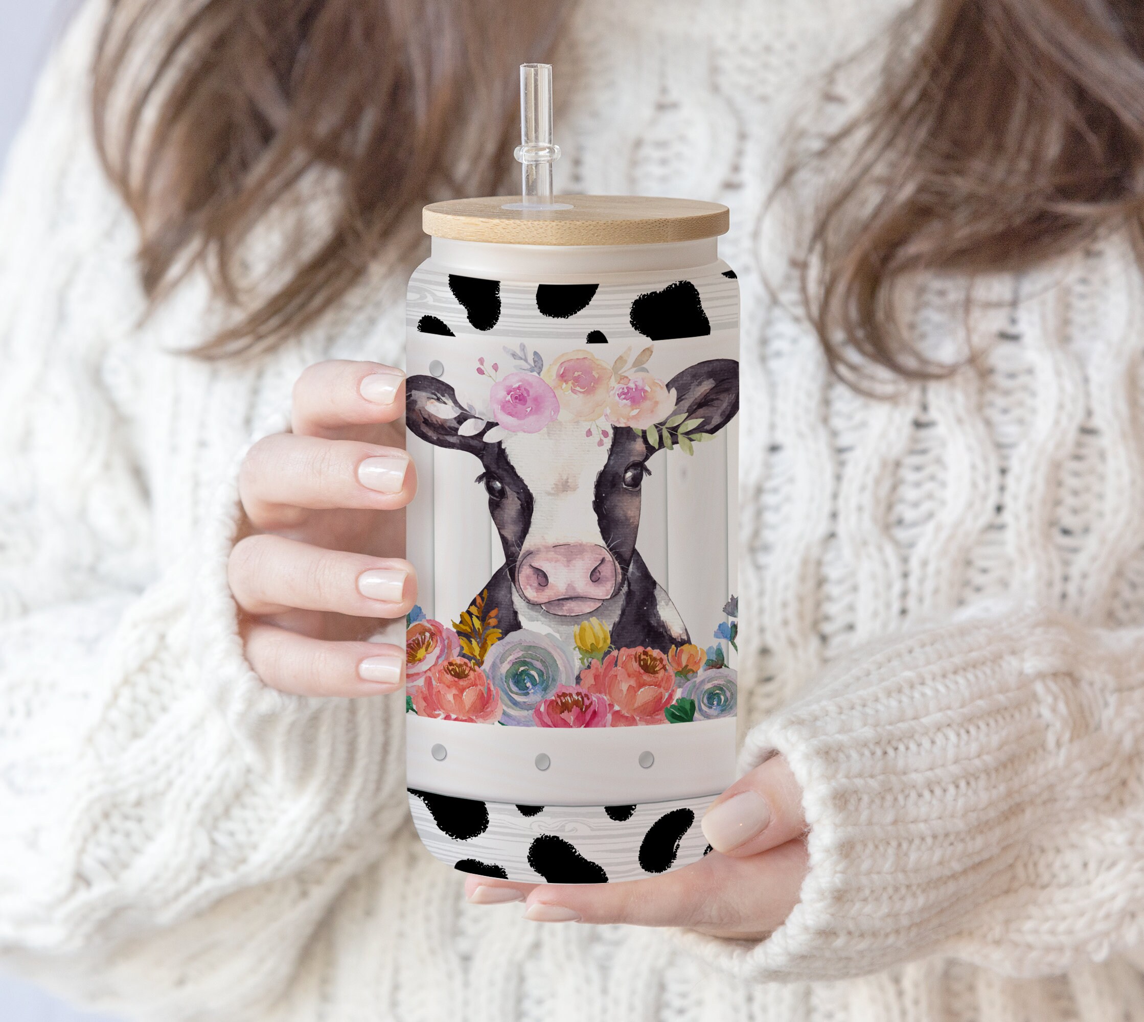 16 oz Libbey Glass Can Girl Just a Girl That loves Cow Print Sublimation Flower png file Gift for mom , Mother’s Day , PNG Digital Download