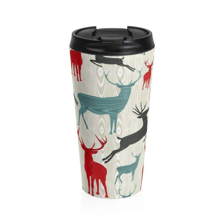 Stainless Steel Travel Mug, Christmas Reindeer Holiday Travel Mug, All Over Print Steel Mug, 15 Ounce Tumbler, 15oz Coffee Tea Drinkware