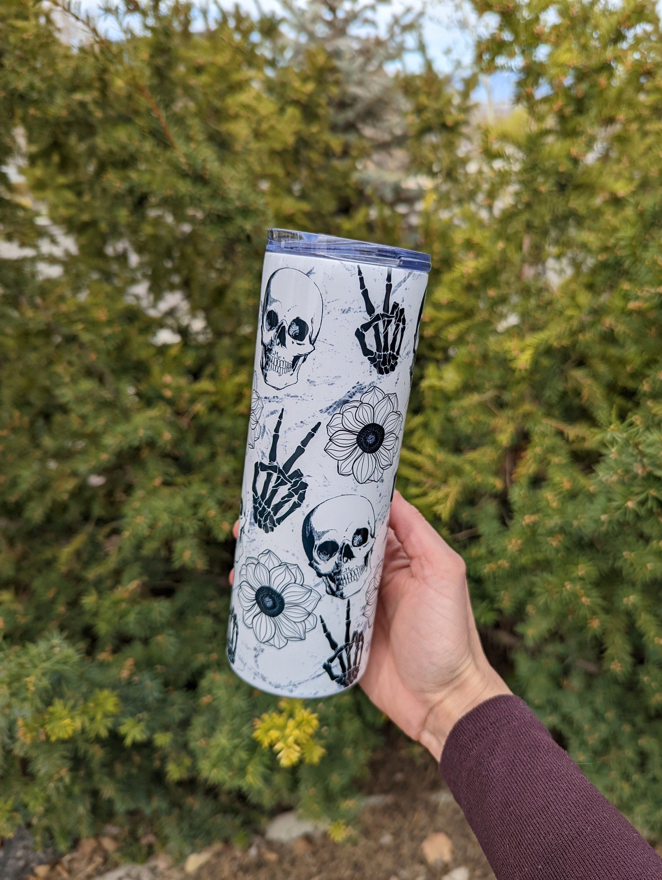 Skull Tumbler | Skeleton Flowers and Peace Tumbler | Skull Gifts | Halloween Tumbler | Skeleton Tumbler | Halloween Tumbler