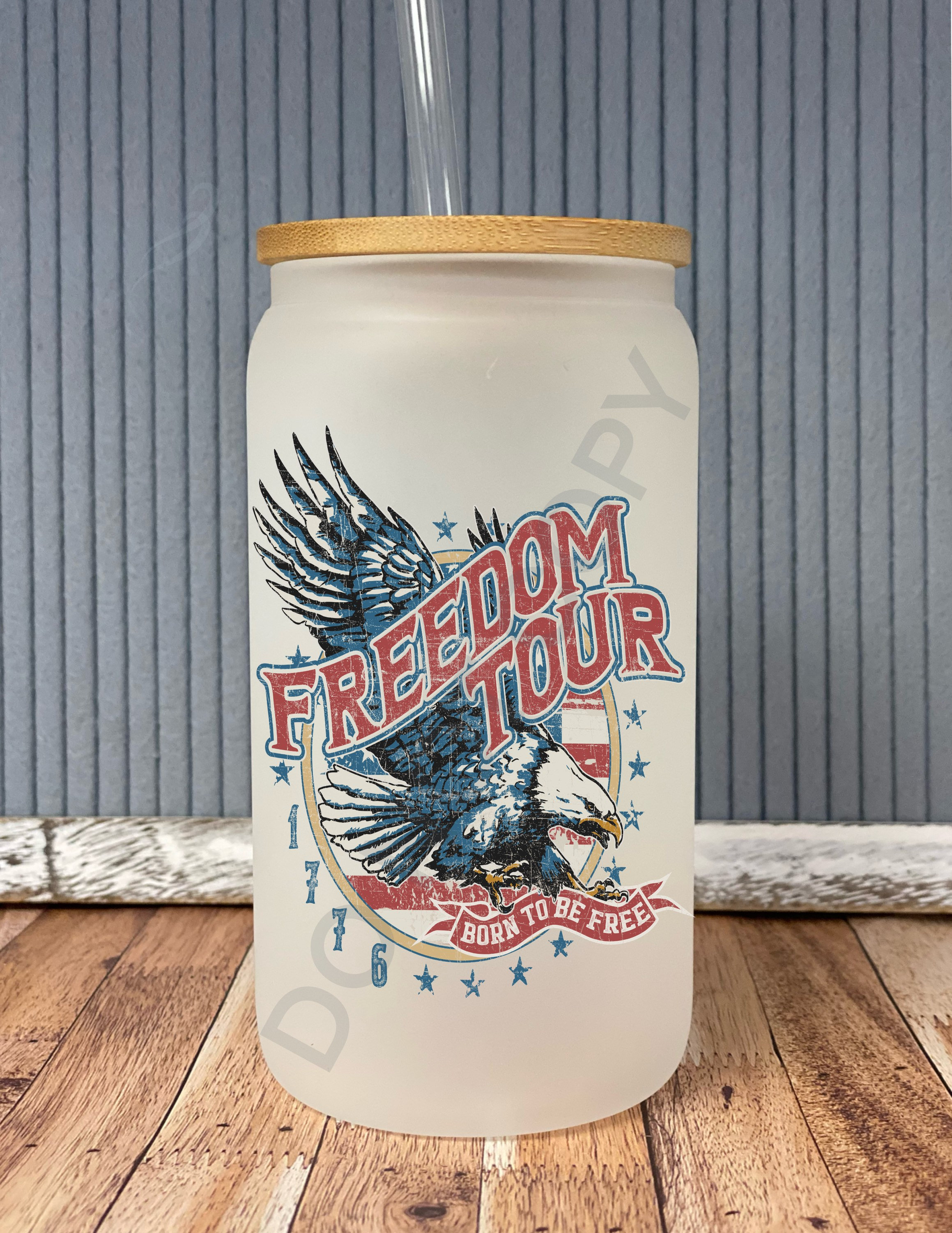 Freedom tour eagle 1776- frosted can shaped glass with lid and straw