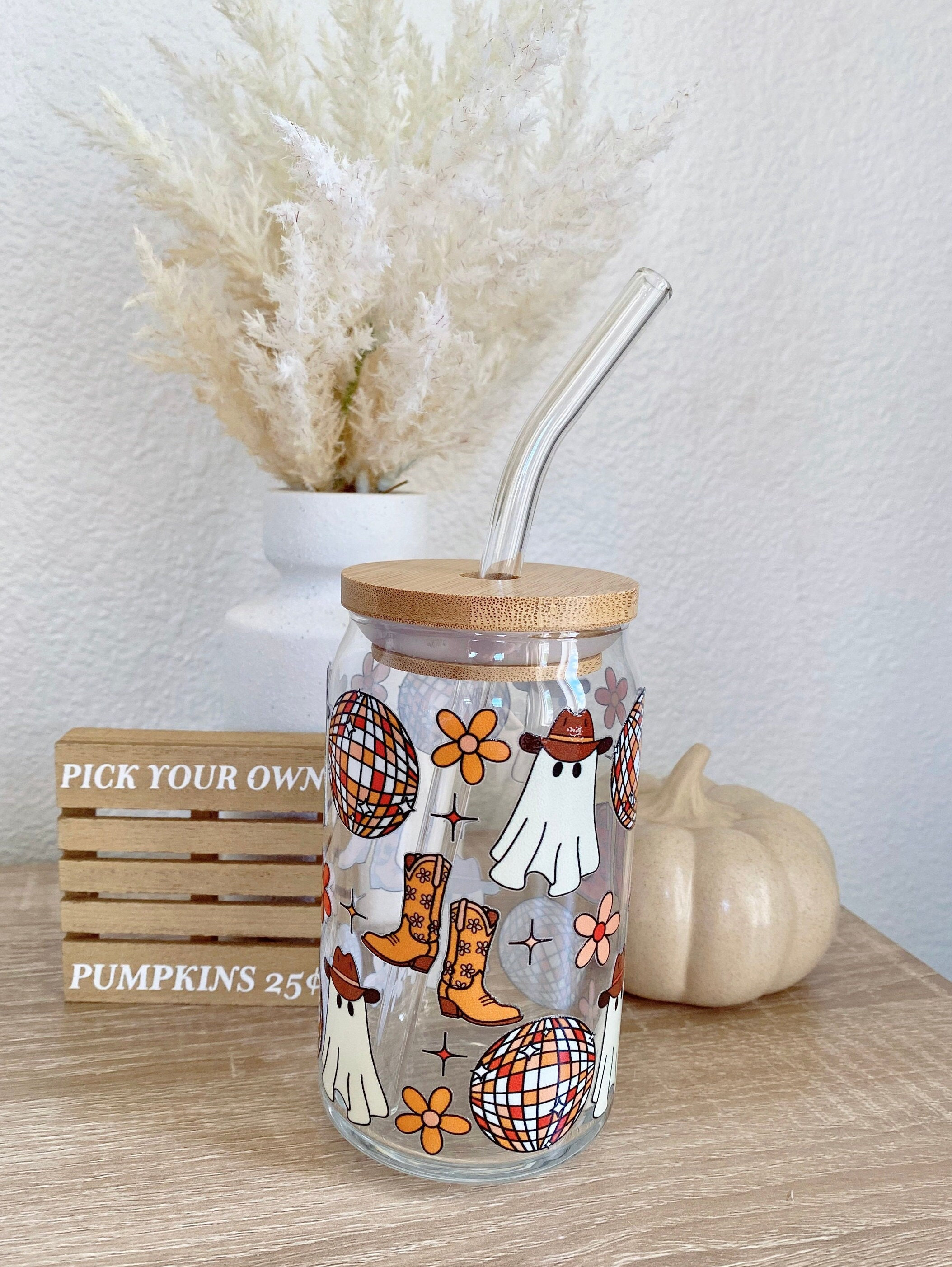 Boho Halloween Ghosts Beer Can Glass, Daisy Disco Iced Coffee Glass, Cowgirl Ghosts Glass Cup, Cute Halloween Gift, Cute Western Ghosts Cup