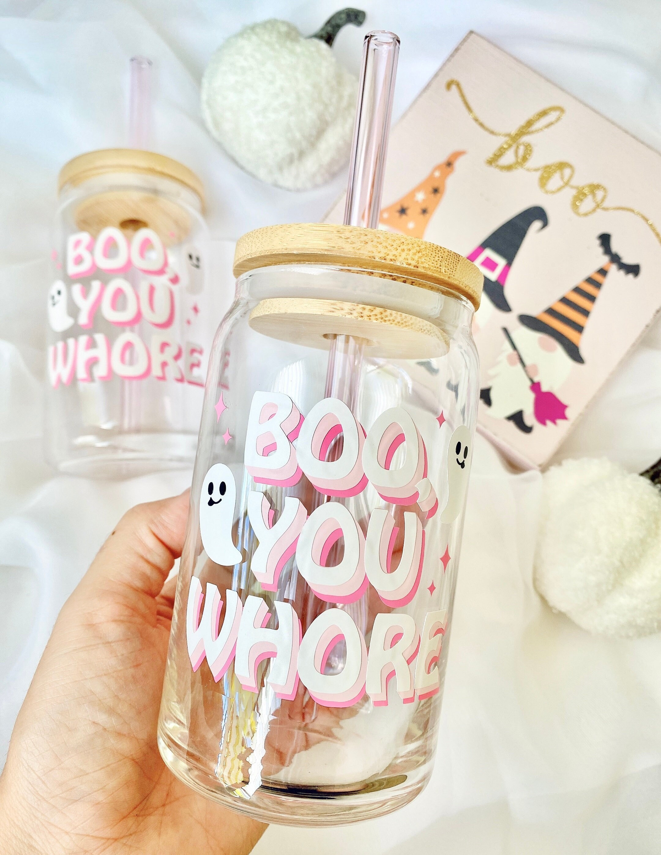 Boo You Whore Beer Can Glass, Mean Girls Cup, Iced Coffee Glass, Pink Halloween Glass Can, Regina George, Halloween Coffee Cup, 16oz Glass