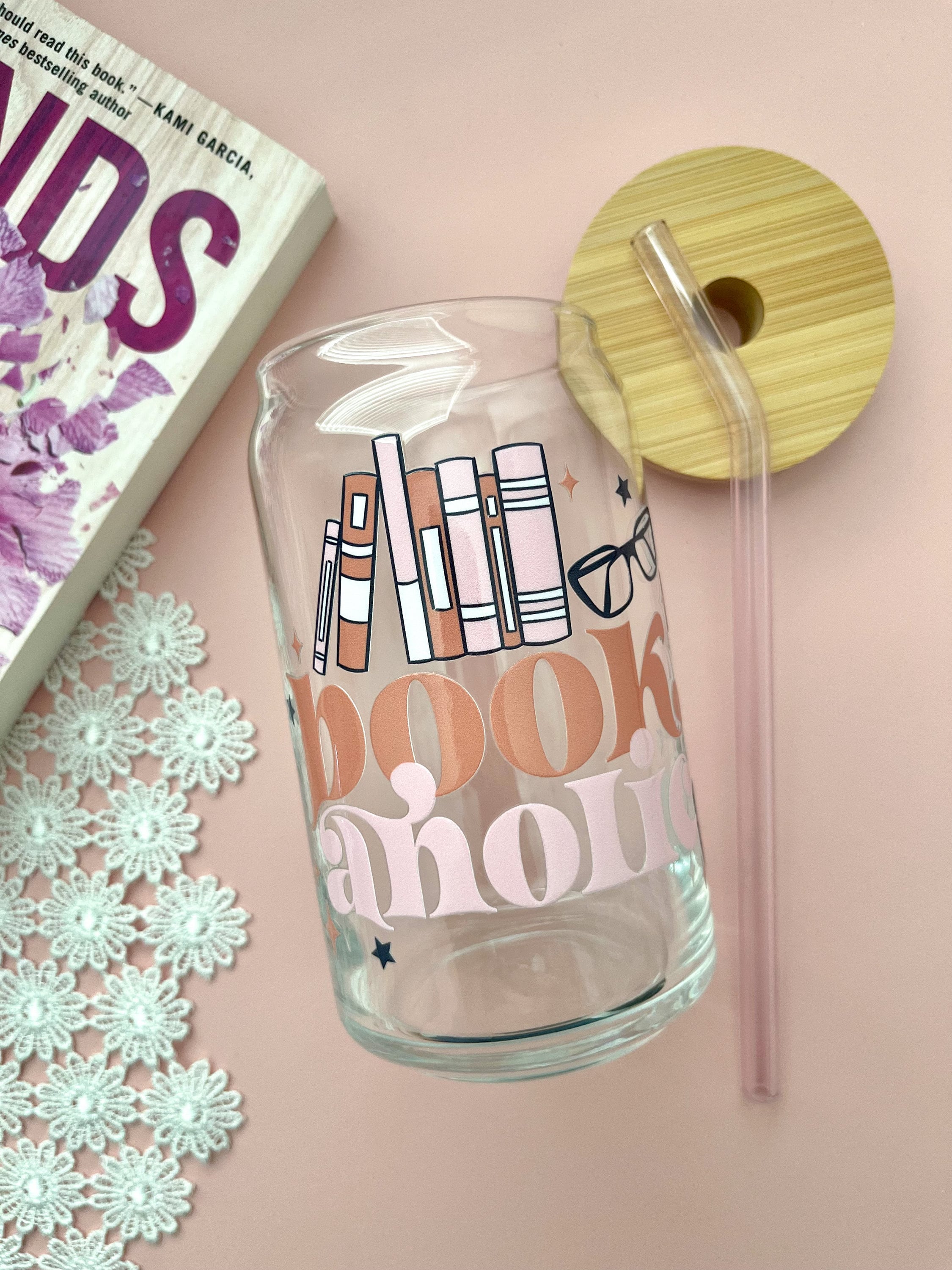 Bookaholic Glass Cup / Book Lover Cup / Gifts for Her / Book Lover Gifts / Iced Coffee Cup / Book Gifts