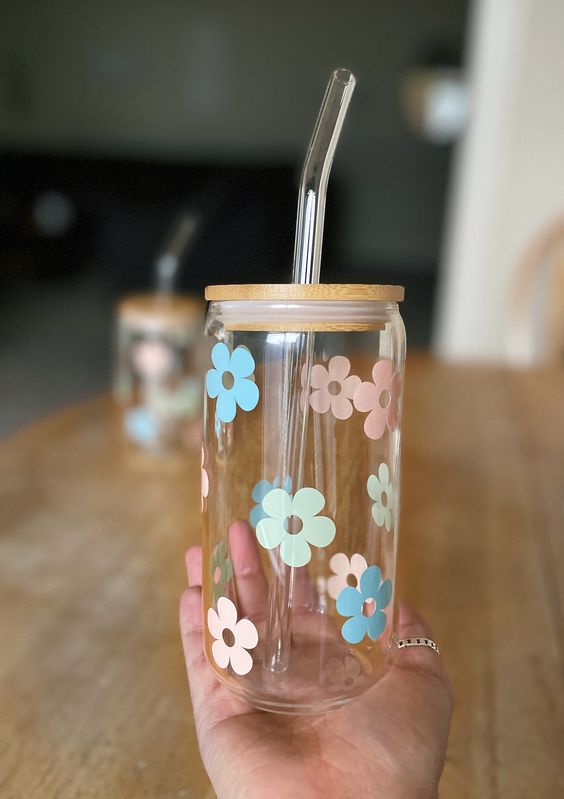 Glass Coffee Cup, Daisy Flower Cup, Iced Coffee Beer Cup