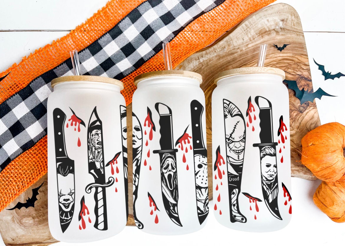 Killer Knife beer can glass, horror movie killers, sublimation glass, Halloween beer can glass, libbey glass, bamboo lid, iced coffee glass