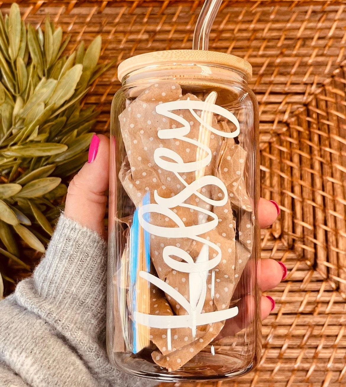 Personalized Iced Coffee Cup Can Glass Can Soda Cup with Lid and Straw for Women, Bridesmaids gift Personalized Iced Coffee Can Glass