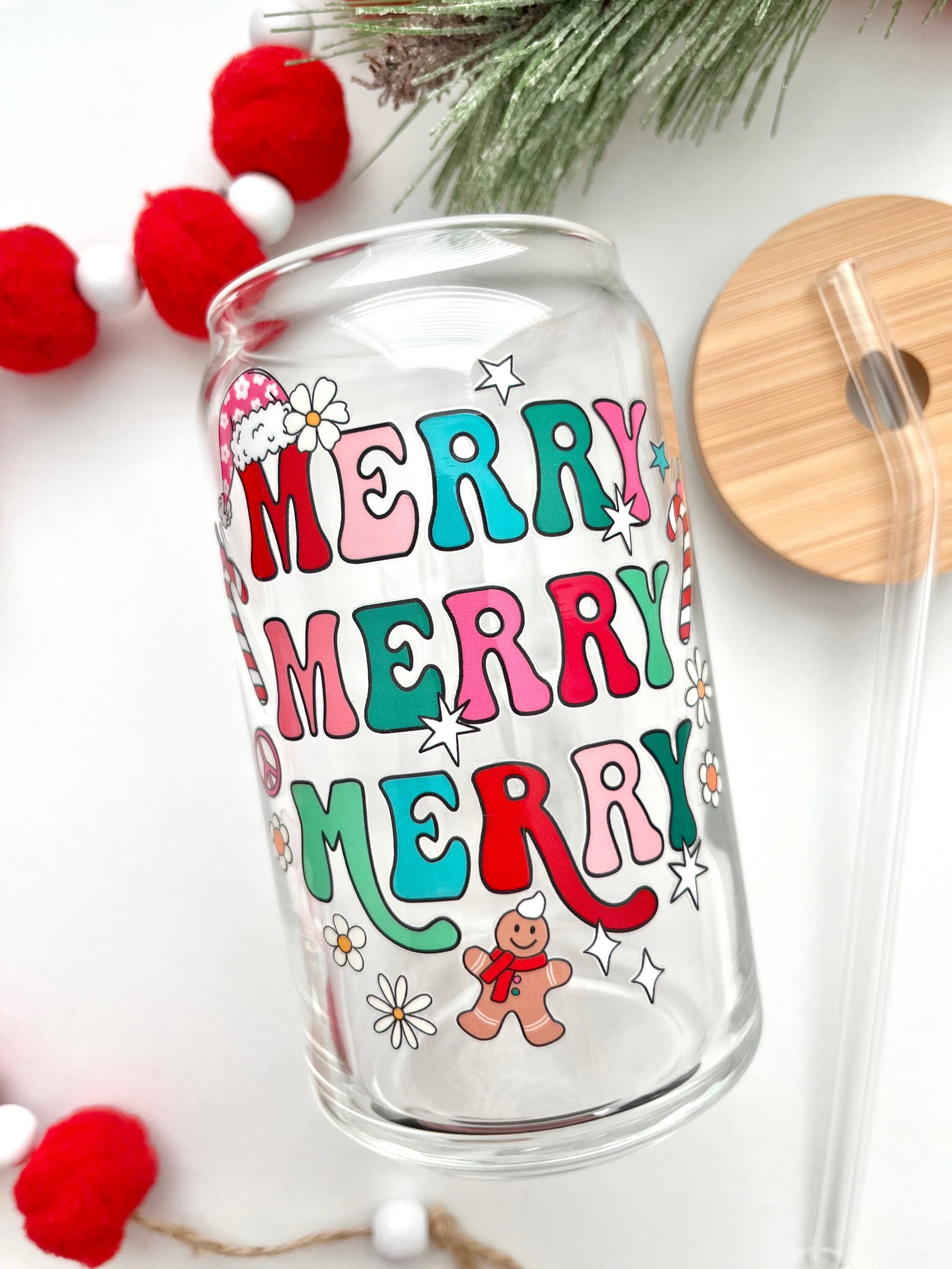 Merry Christmas Glass Cup / Christmas Glass Cup / Iced Coffee Glass / Christmas Tumbler / Christmas Gift / Retro Christmas