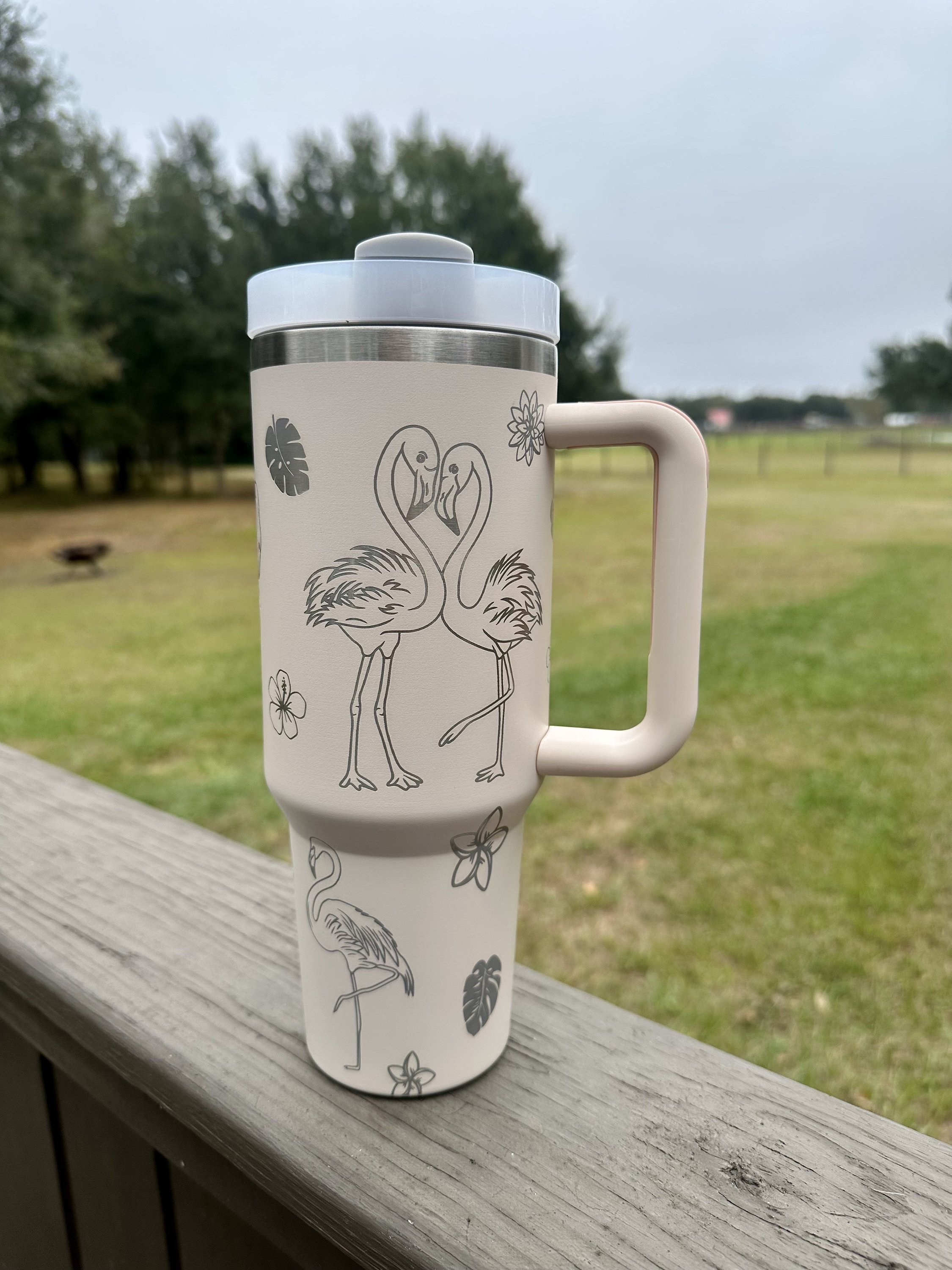 Flamingo | Tropical Flower 40 oz Stainless Steel Insulated Tumbler with Handle, Laser Engraved tumbler