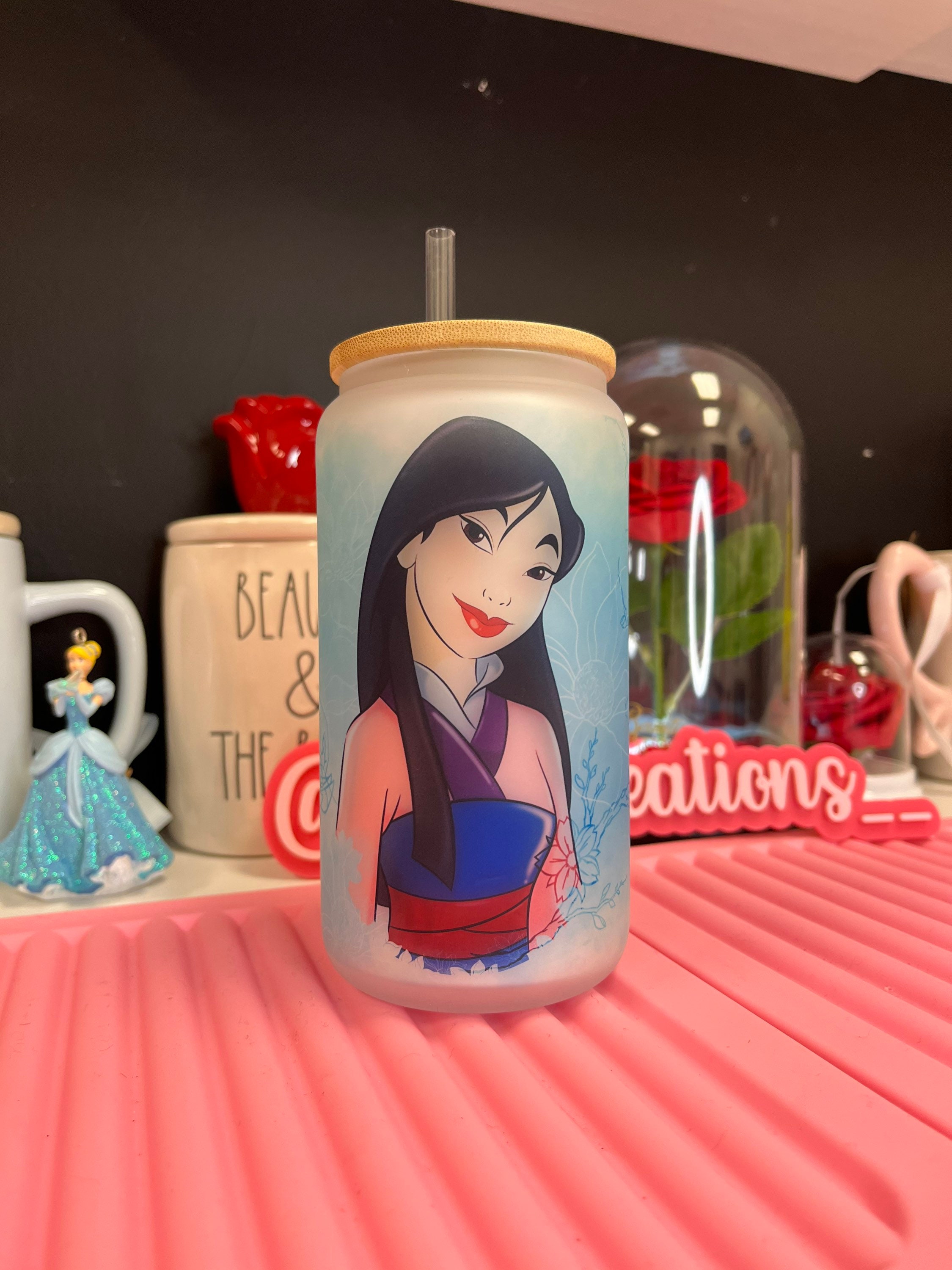 Mulan frosted glass can, Glass can, Princess glass can