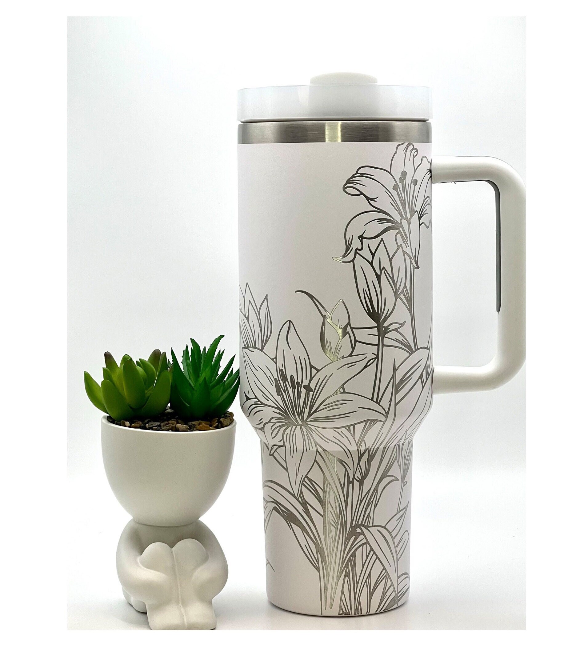 Tiger Lilies Floral Laser Engraved 40oz White Custom Seamless Non-Branded Tumbler with Handle Lid and Straw, Double Wall Insulated Cup