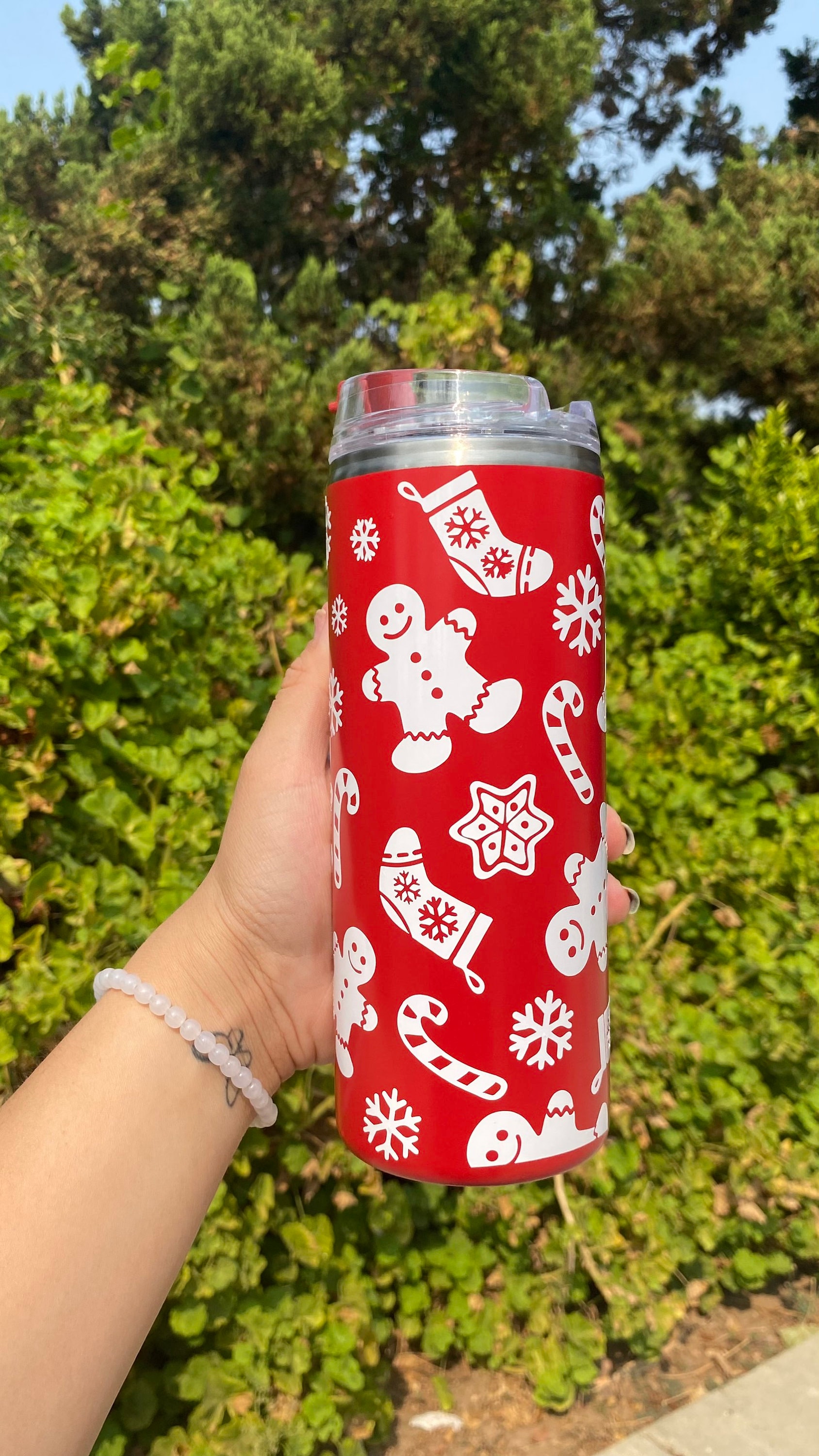 Christmas Camp Tumbler, Stainless Steel Travel Mug, Igloo Tumbler, Gingerbread, Snowflakes, Candy Canes, Stockings, Holiday Tumbler