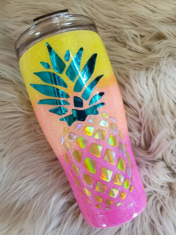 Pineapple Tumbler, Neon Ombre Glitter Tumbler, Personalized Tumbler