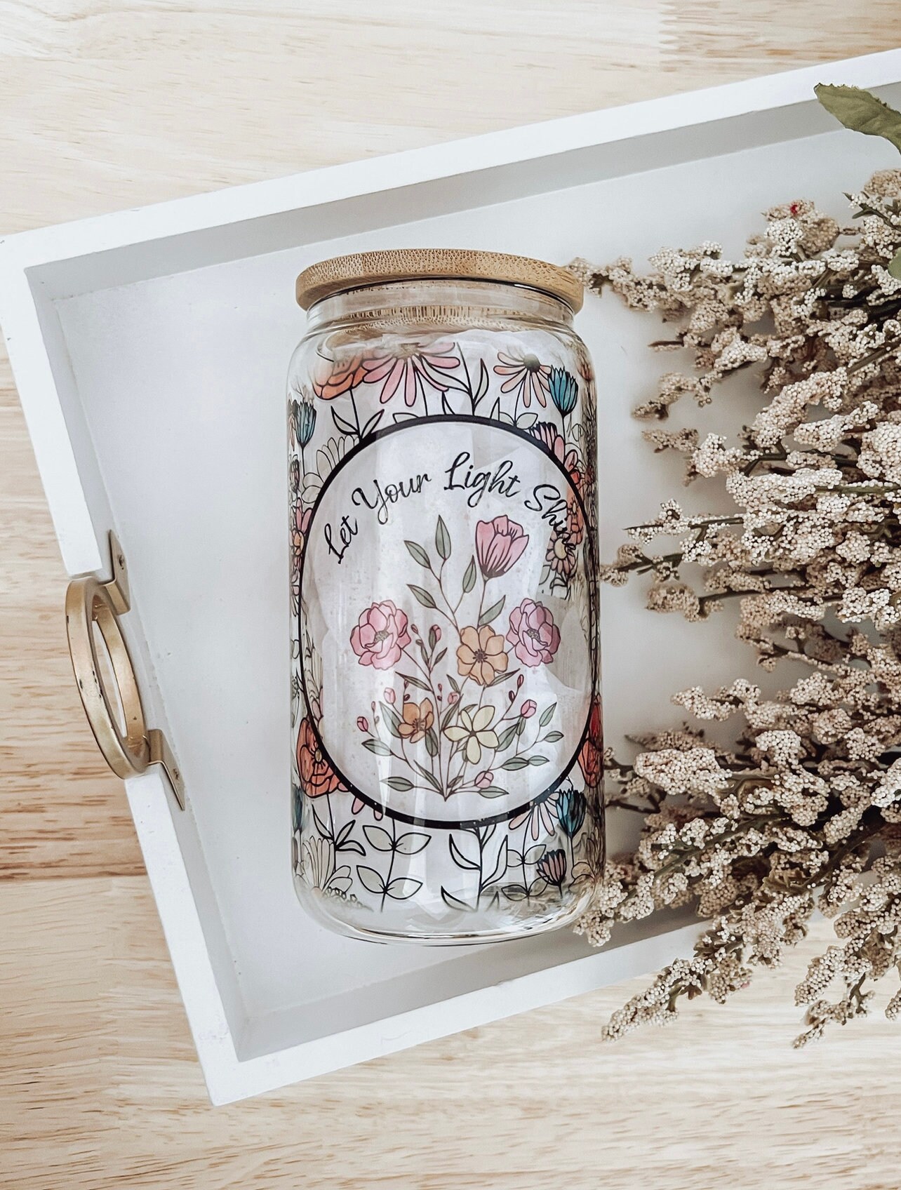 Let Your Light Shine, Fall Floral Glass Can Cup, Fall Cup for Iced Coffee, Cold Drink Cup, Reusable Plastic Straw and Bamboo Lid