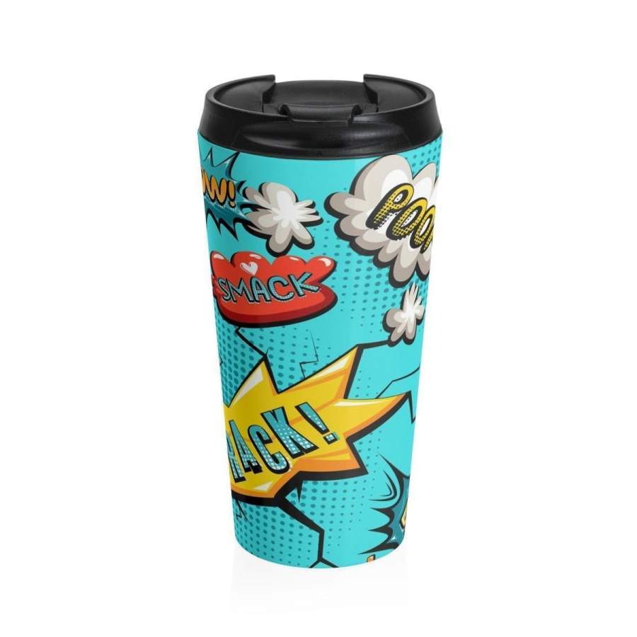 Stainless Steel Travel Mug, Comic Art Travel Mug, All Over Print Steel Pop Art Mug, 15 Ounce Coffee Tea Tumbler, Comic Print Drinkware Mug