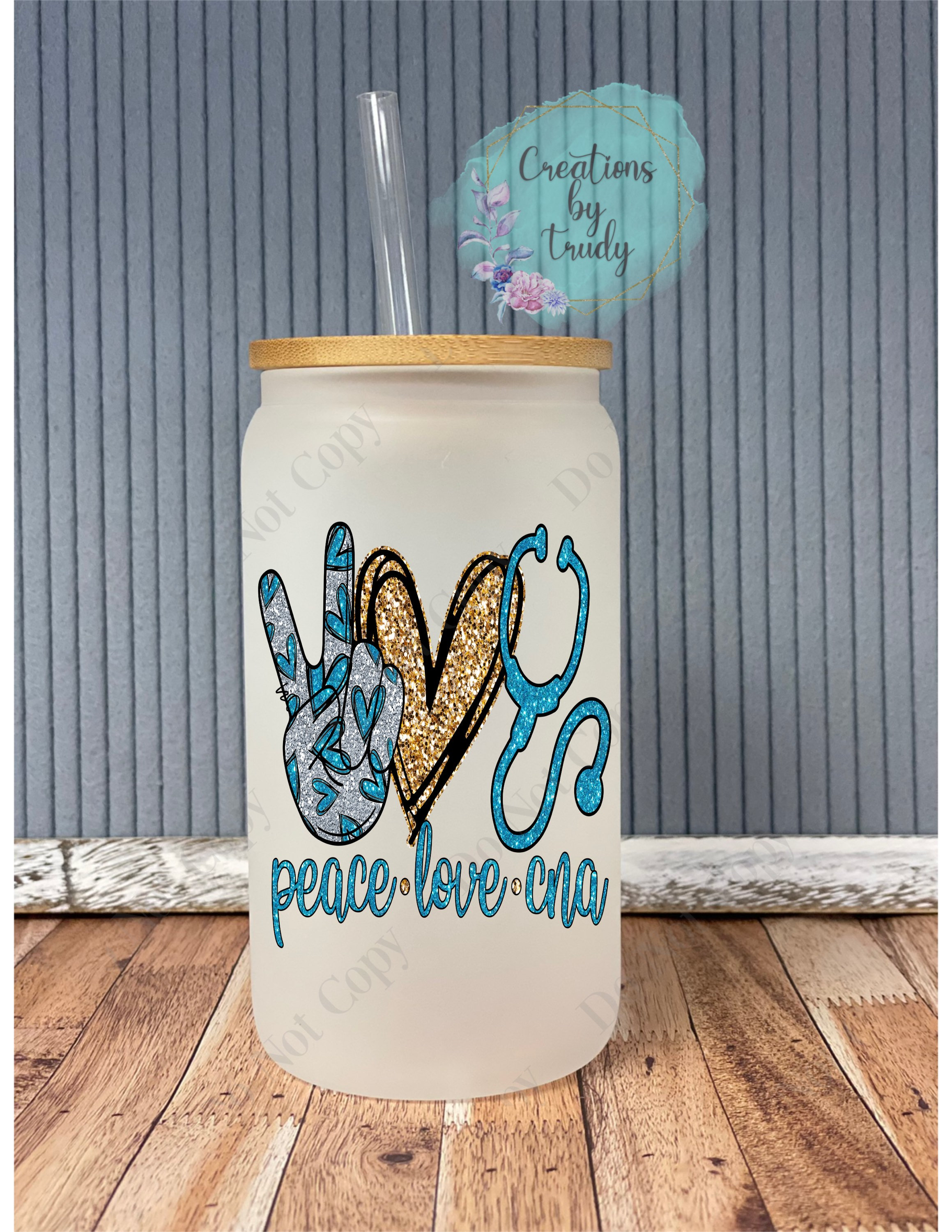 Peace love CNA- frosted can shaped glass with lid and straw