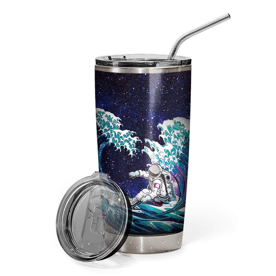 3D Astronaut Surfing Off Wave Glitter Custom Design Vacuum Insulated Tumbler