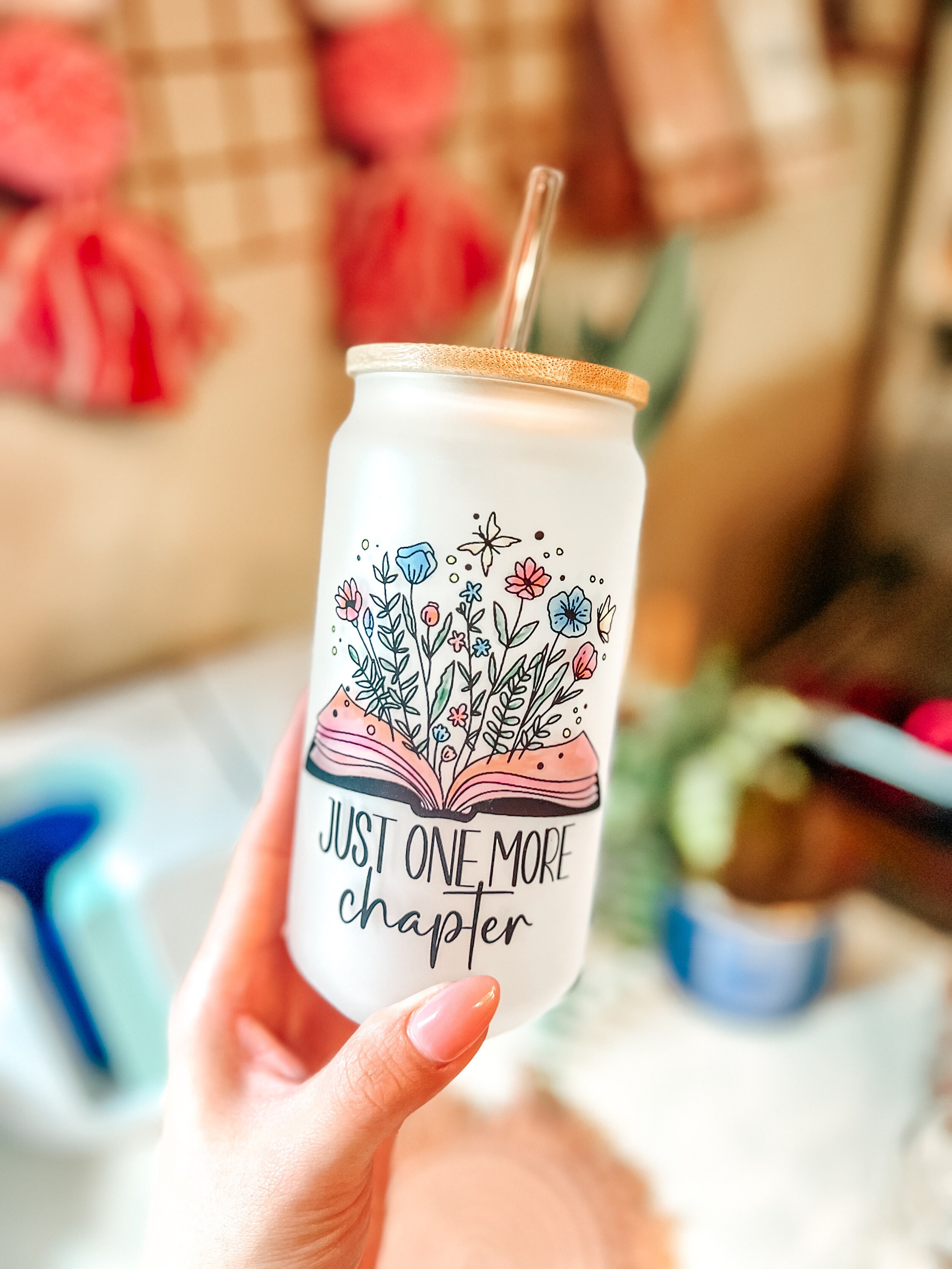 Just One More Chapter Glass Can | Book Lover Coffee Cup