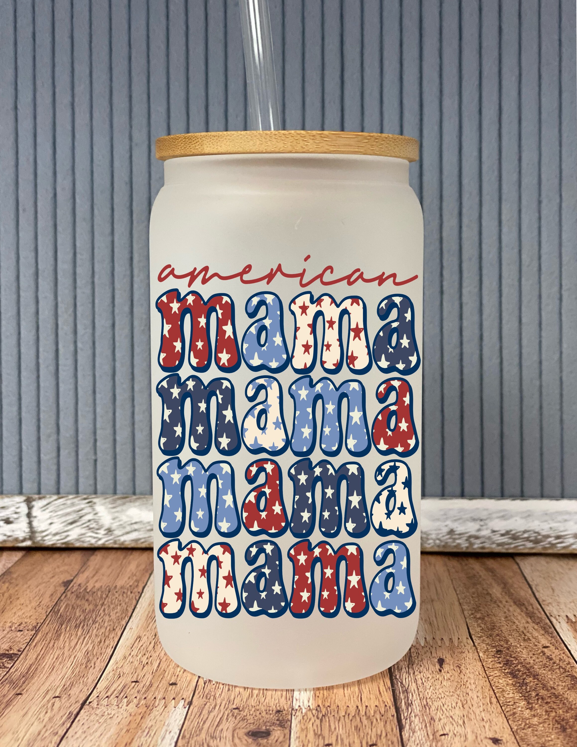 American Mama  – frosted can shaped glass with lid and straw