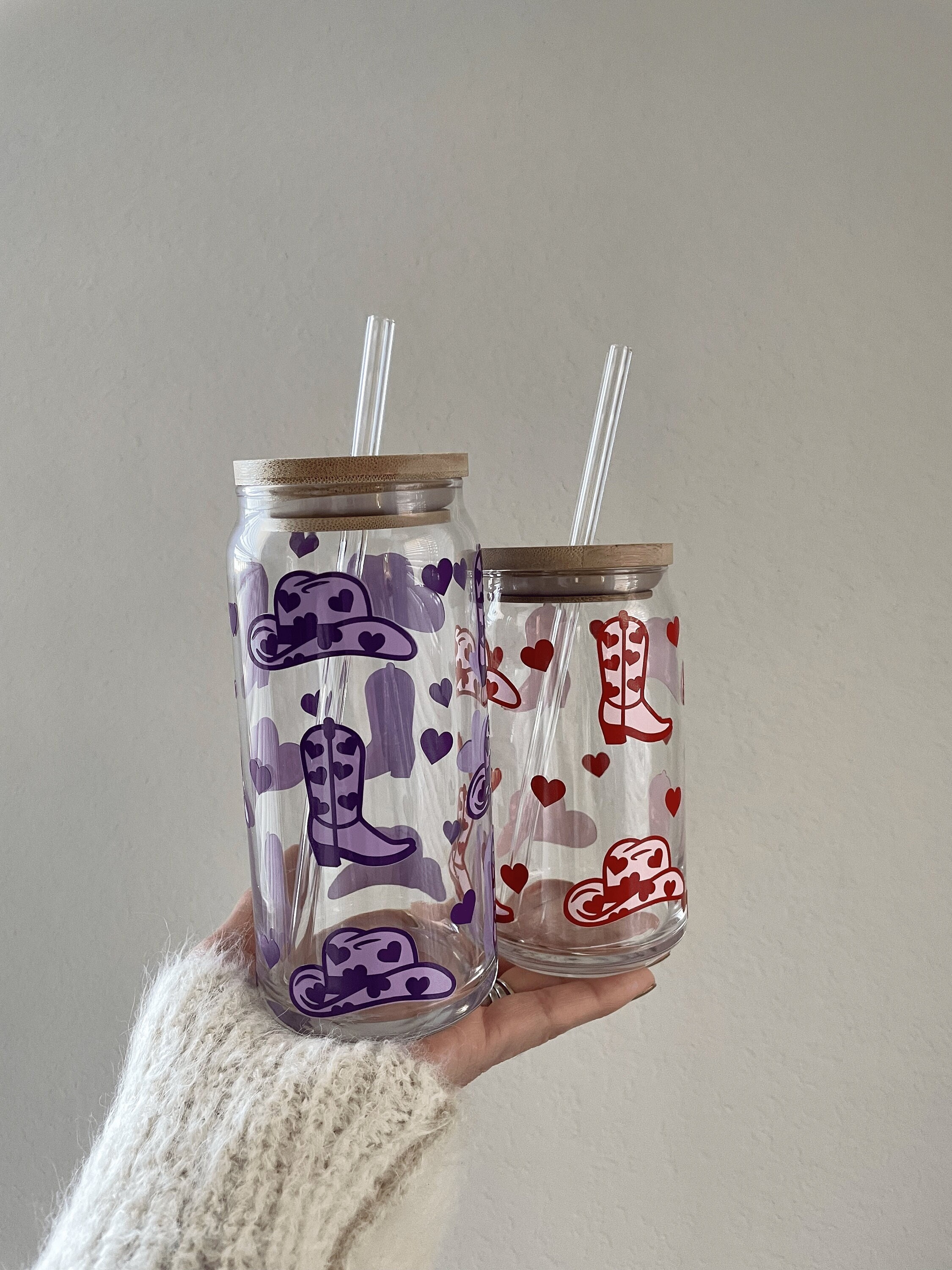 Valentine’s Day Glass Cup, Western Glass Cup, Heart Glass Cup, Howdy Cup, Trendy Valentines Day Gift, Iced Coffee Cup with Lid and Straw