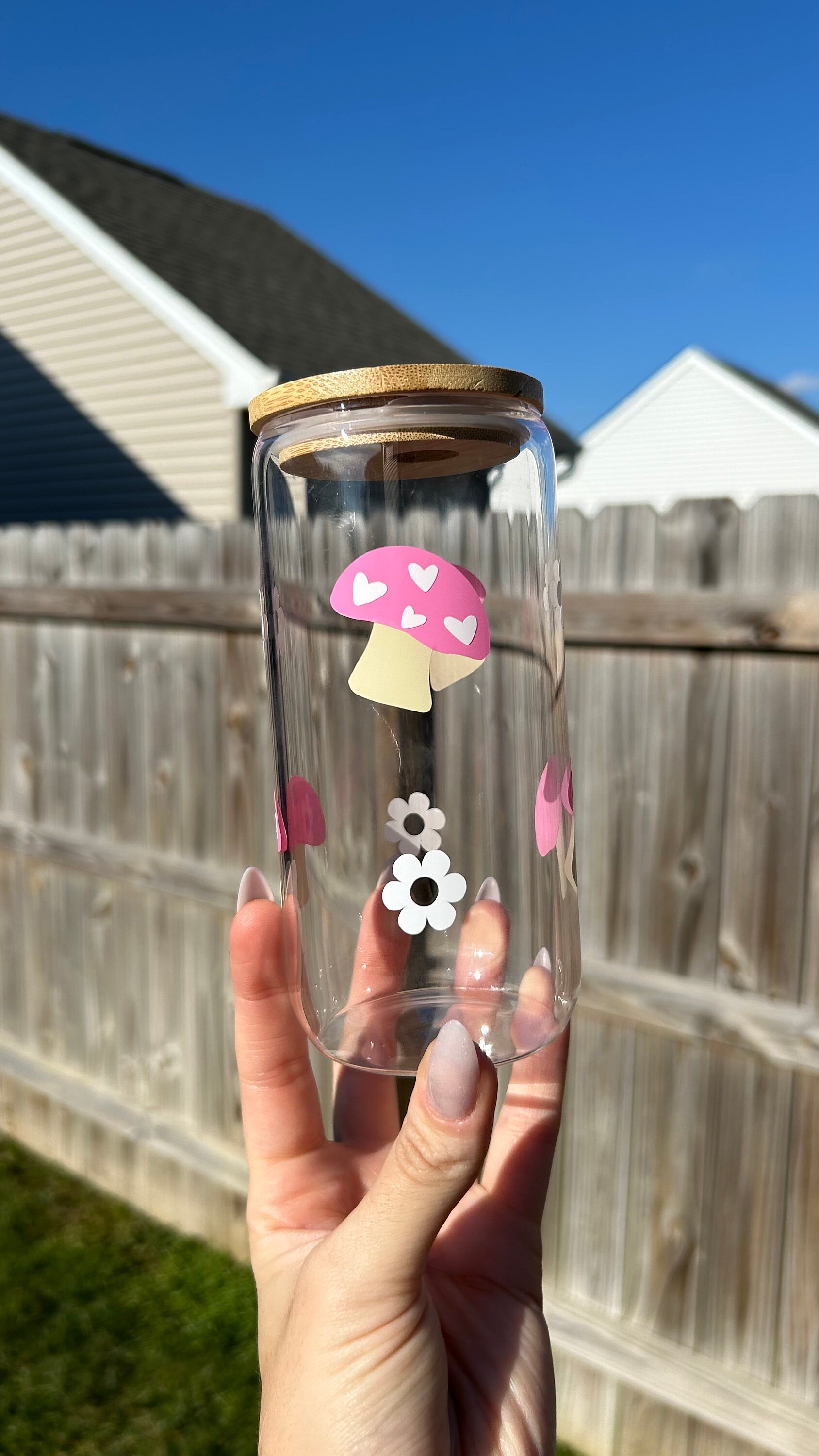 Mushroom Hearts Cup | Valentines Glass Cup | Iced Coffee Glass with Straw | Cute Vday Cup with Straw | Pink Mushroom Daisy Cup