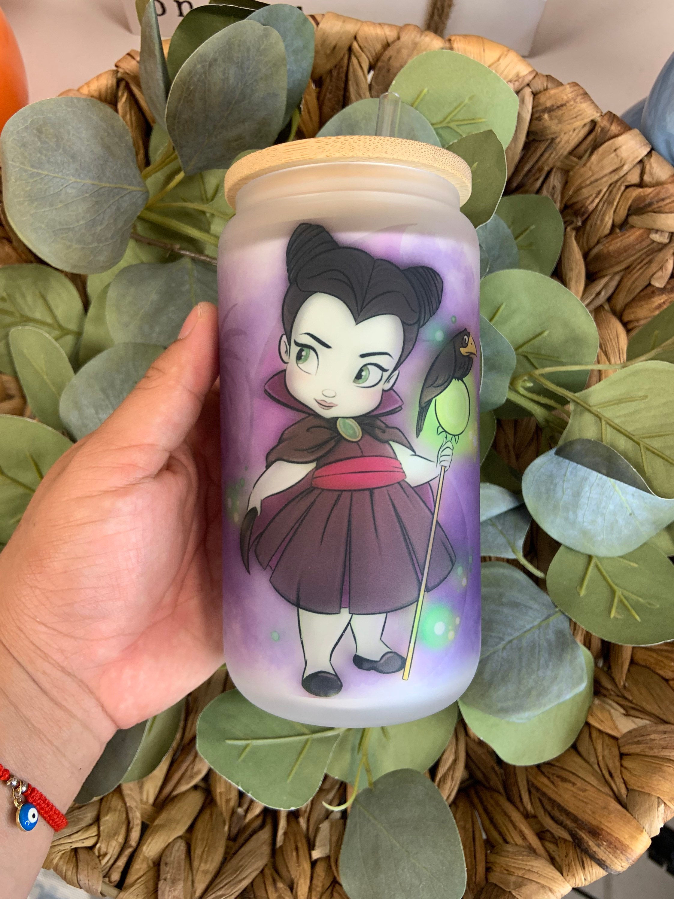 Maleficent frosted glass can, Disney Maleficent glass can, Custom glass can