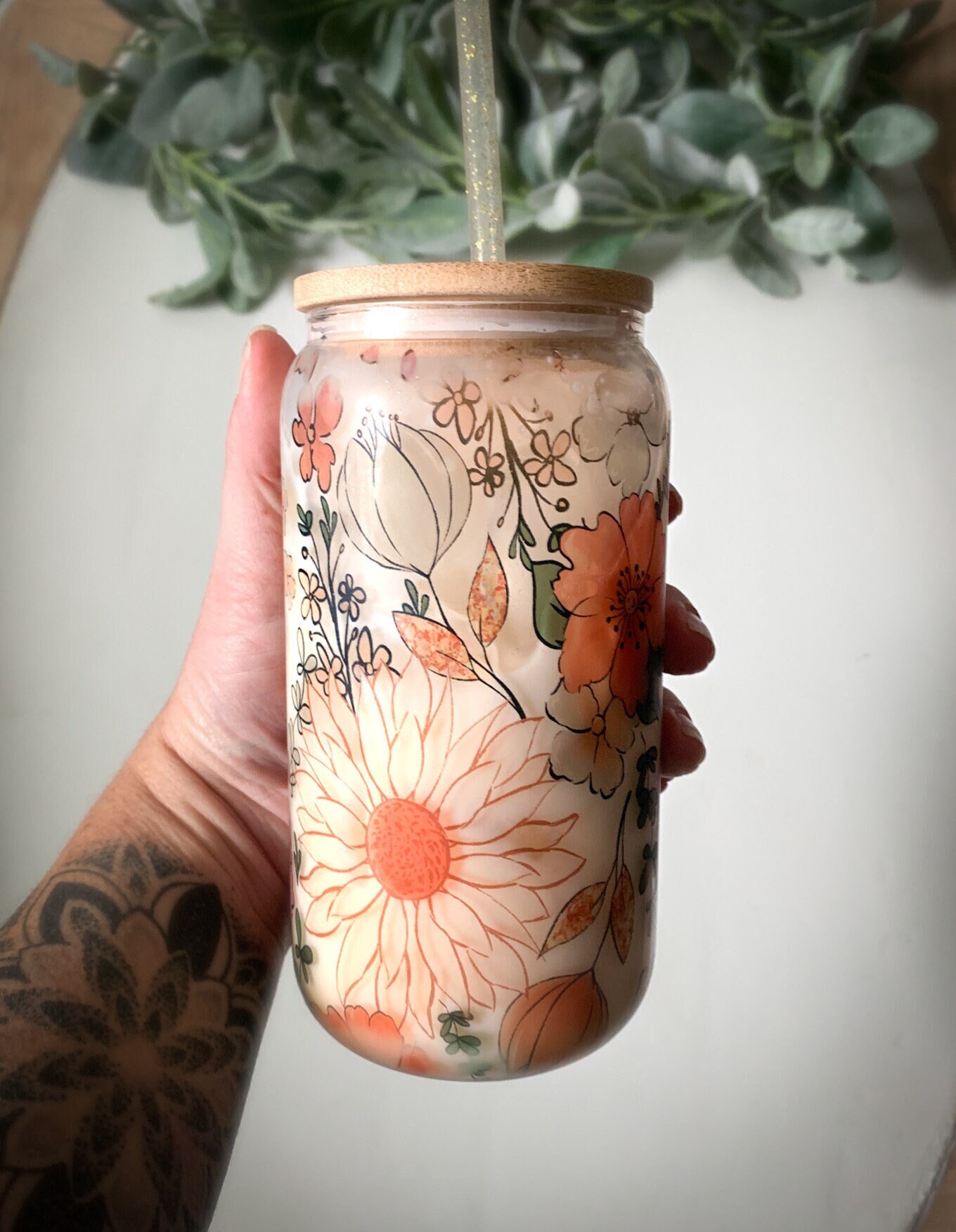 Personalized Glass Cup – floral watercolor wrap/ Libbey cup/Floral beer can cup/ glass beer can cup