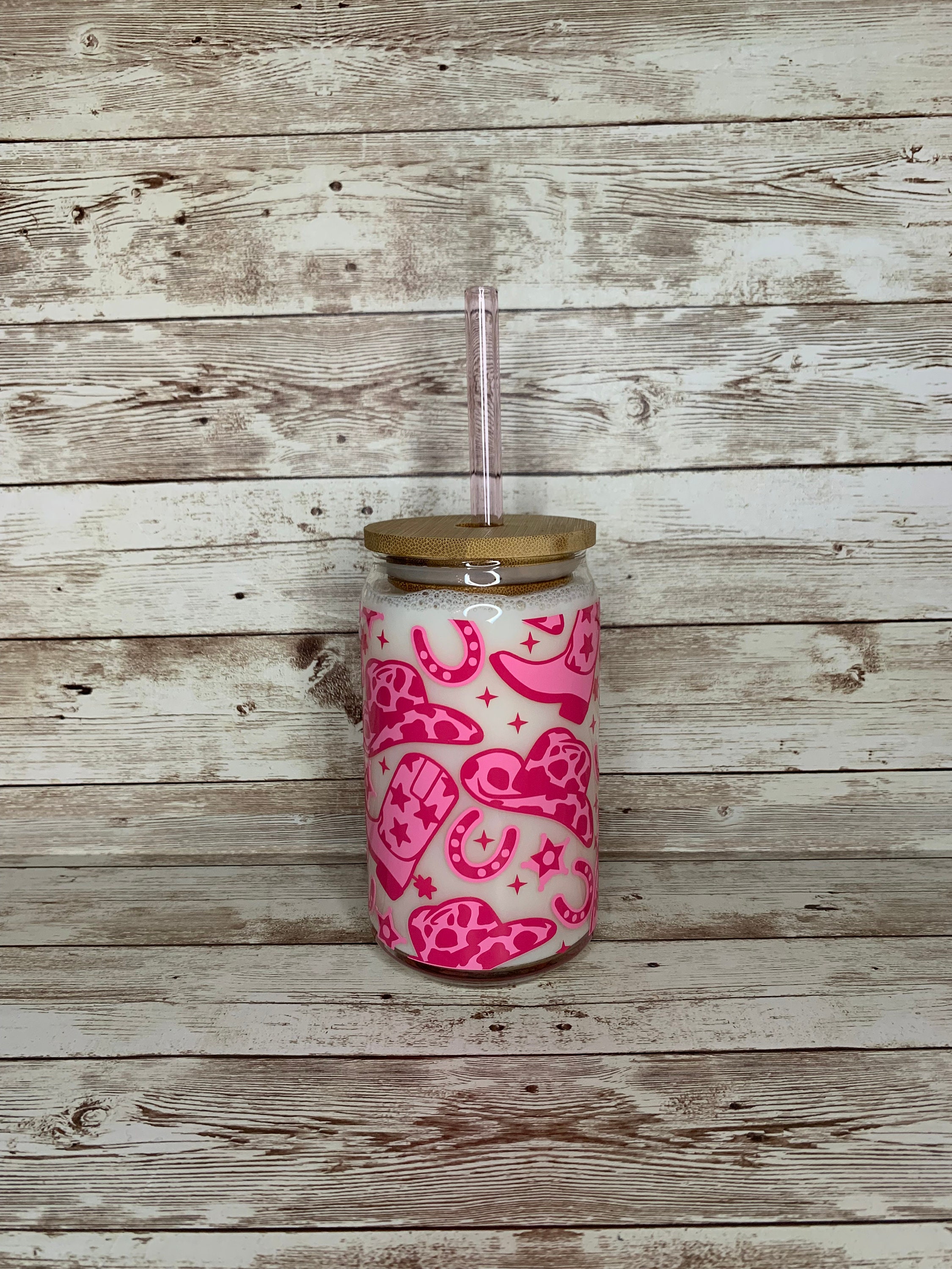 Pink Western Beer Can Glass / Country Girl Cup / Iced Coffee Cup / Gift for her / Western Themed Party Favor / Pink Girly Cowboy Boot Gift