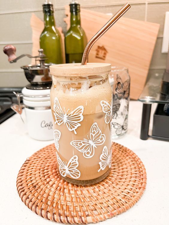 Butterfly Coffee Glass, Beer Can Glass, Spring Iced Coffee Glass, Butterflies, Soda Can Glass Tumbler