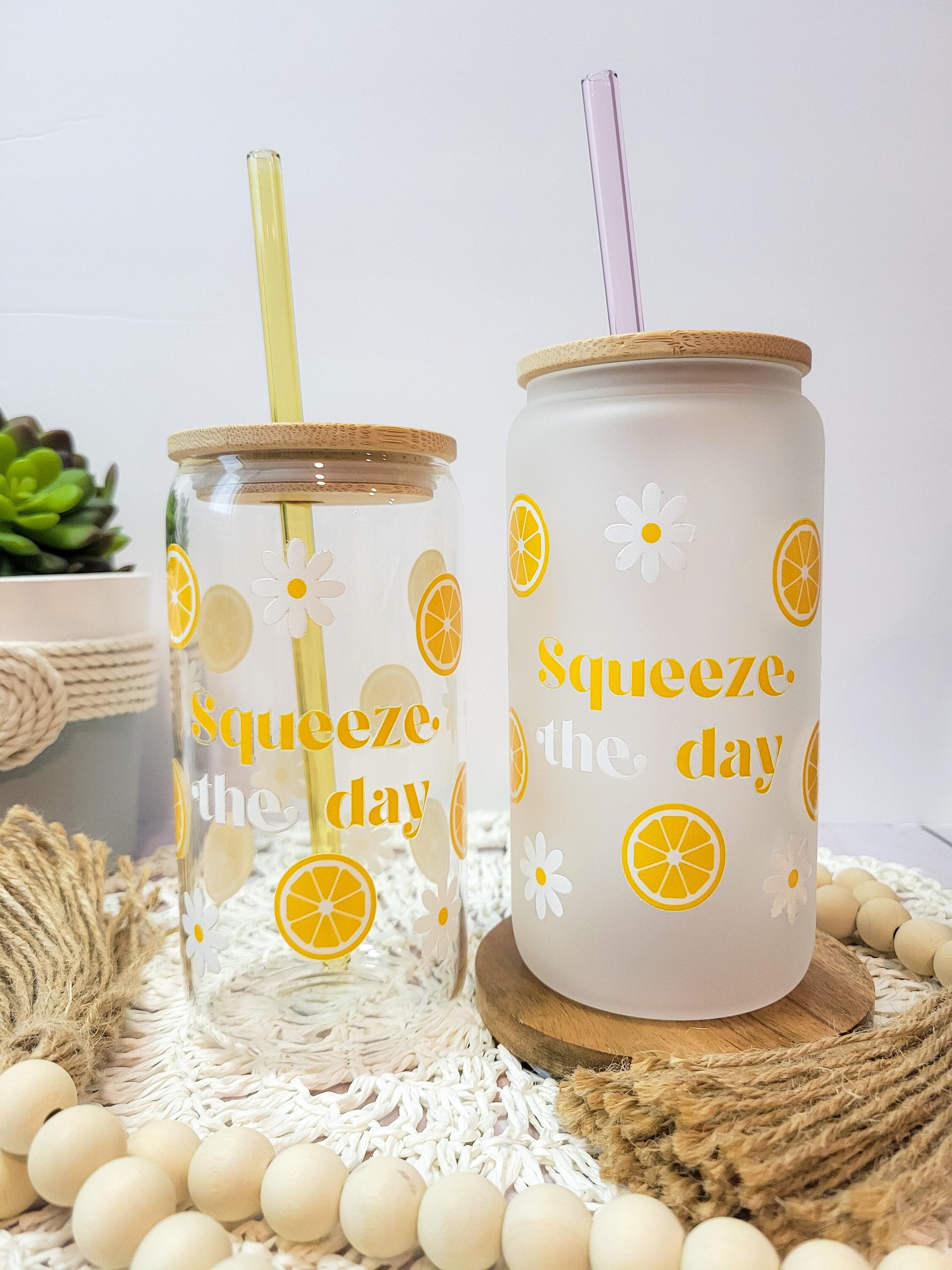 Squeeze the Day Lemon Glass Can, Lemon Daisy Drinkware, 16 oz Libbey Beer Can Glass, Floral Fruit Tumbler, Spring Gift Idea, UV DTF Cup Wrap