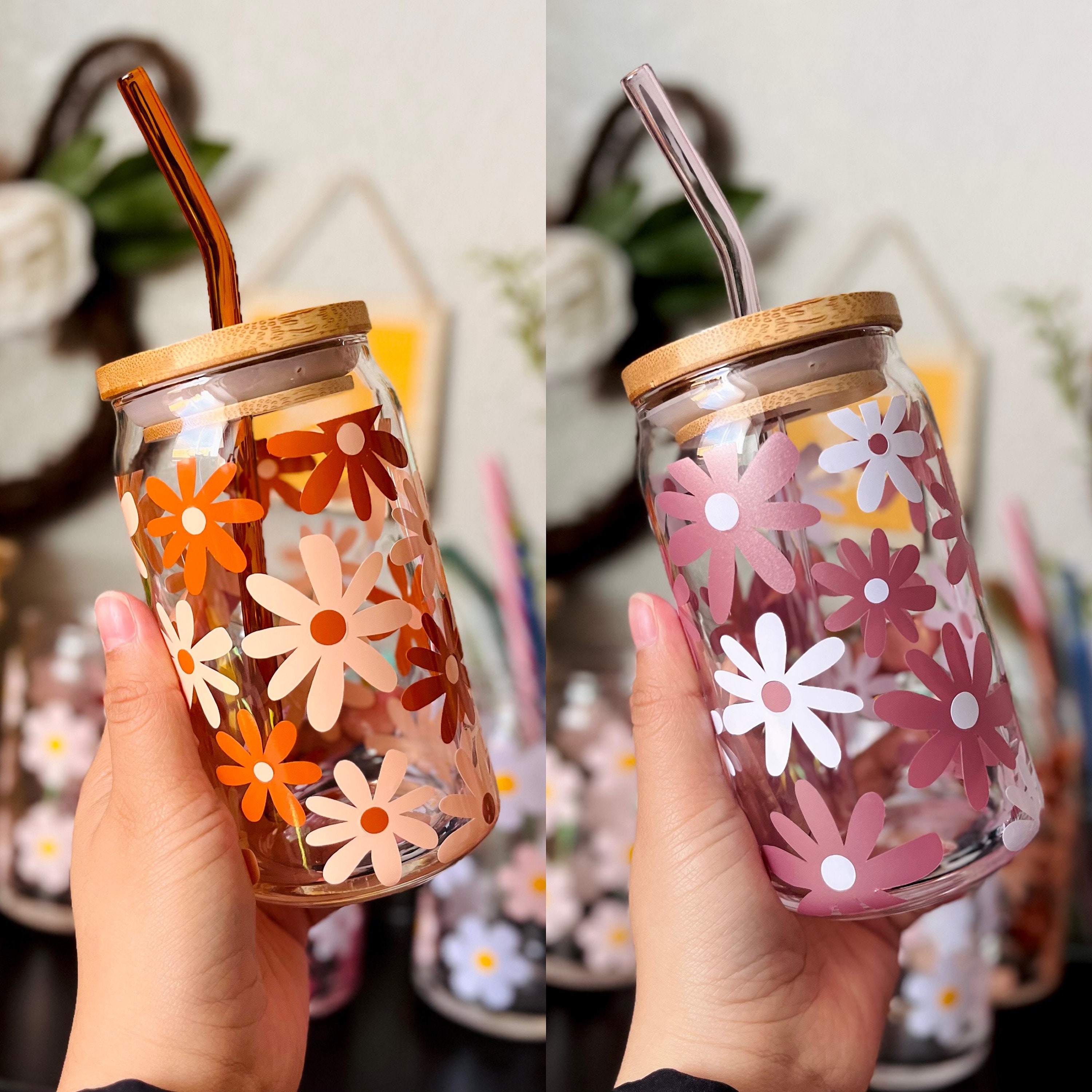 Groovy Retro Floral Daisies 16 oz Beer Can Glass | Spring Cup | Self Love | Iced Coffee | Smoothie | Boho | Gift |Easter Flowers |Mauve Boho