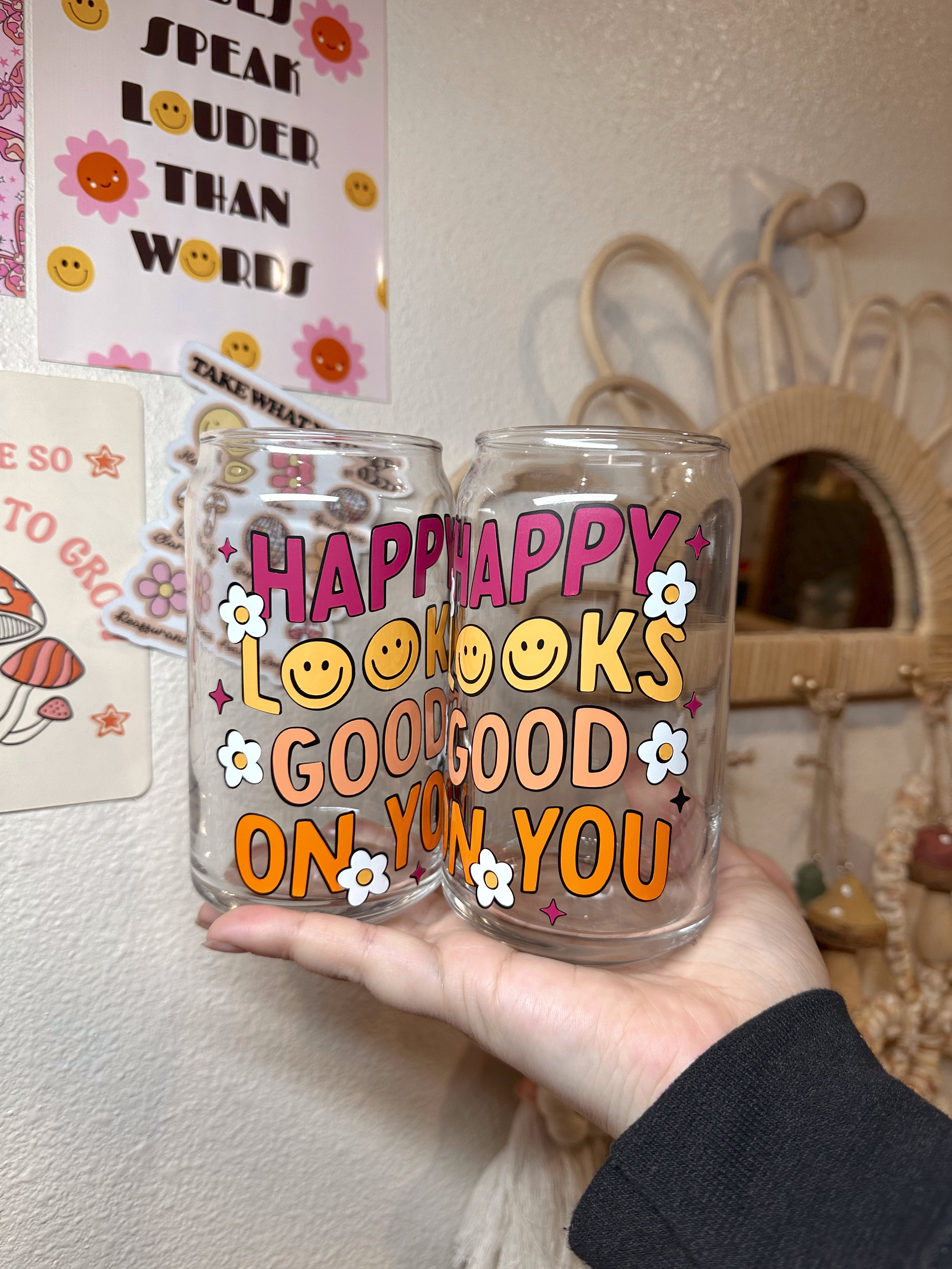 Happy Looks Good On You Glass Cup, Positivity Glass Cup, Happy Face Glass Cup, Mental Health Glass Cup, Retro Character, Trendy Cup