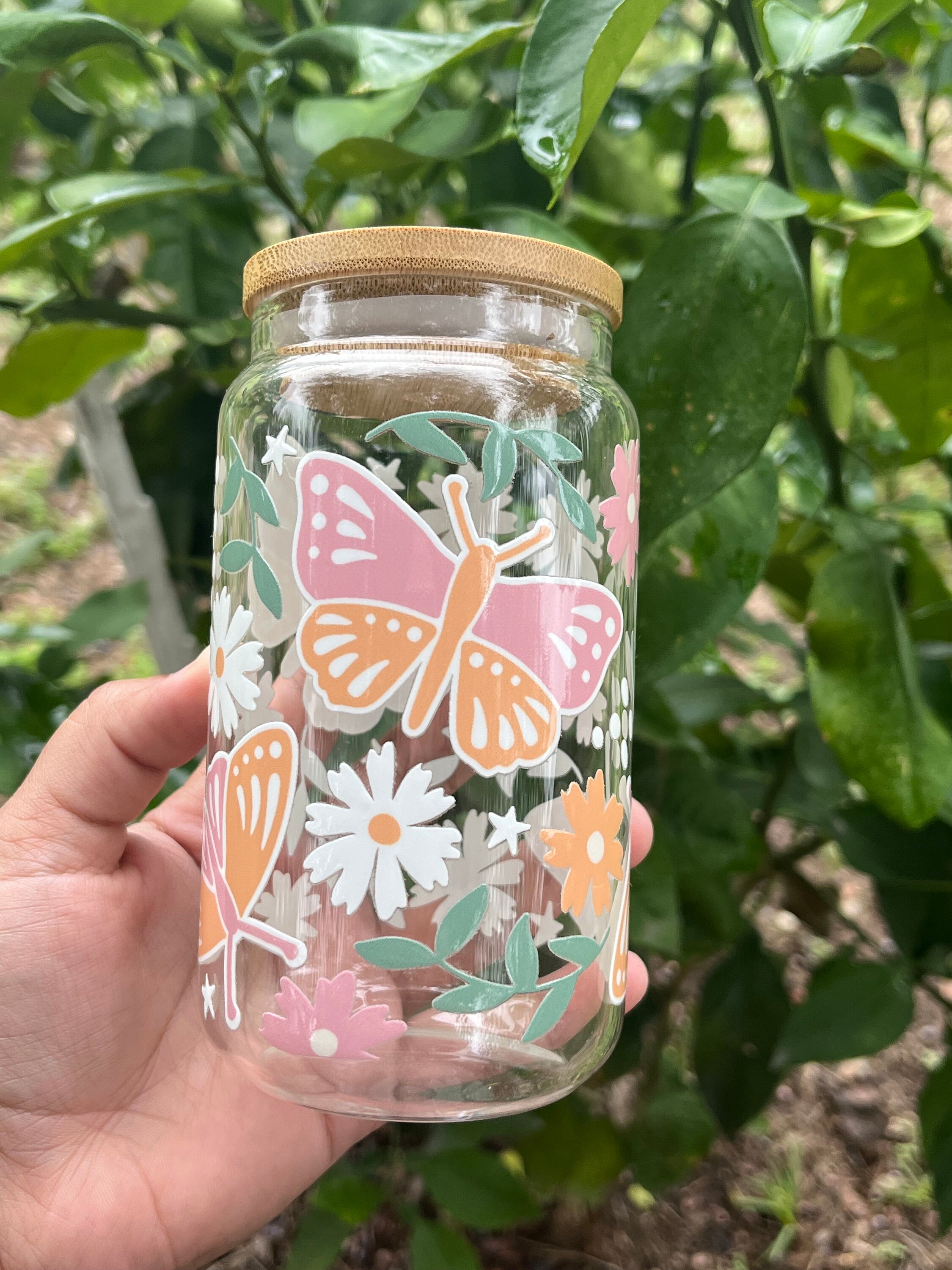 Butterfly Glass Cup, Monarch Butterfly Glass Coffee Cup, 16oz Glass, Summer Glass Can, Floral Butterfly Iced Coffee Cup, Butterflies Cup