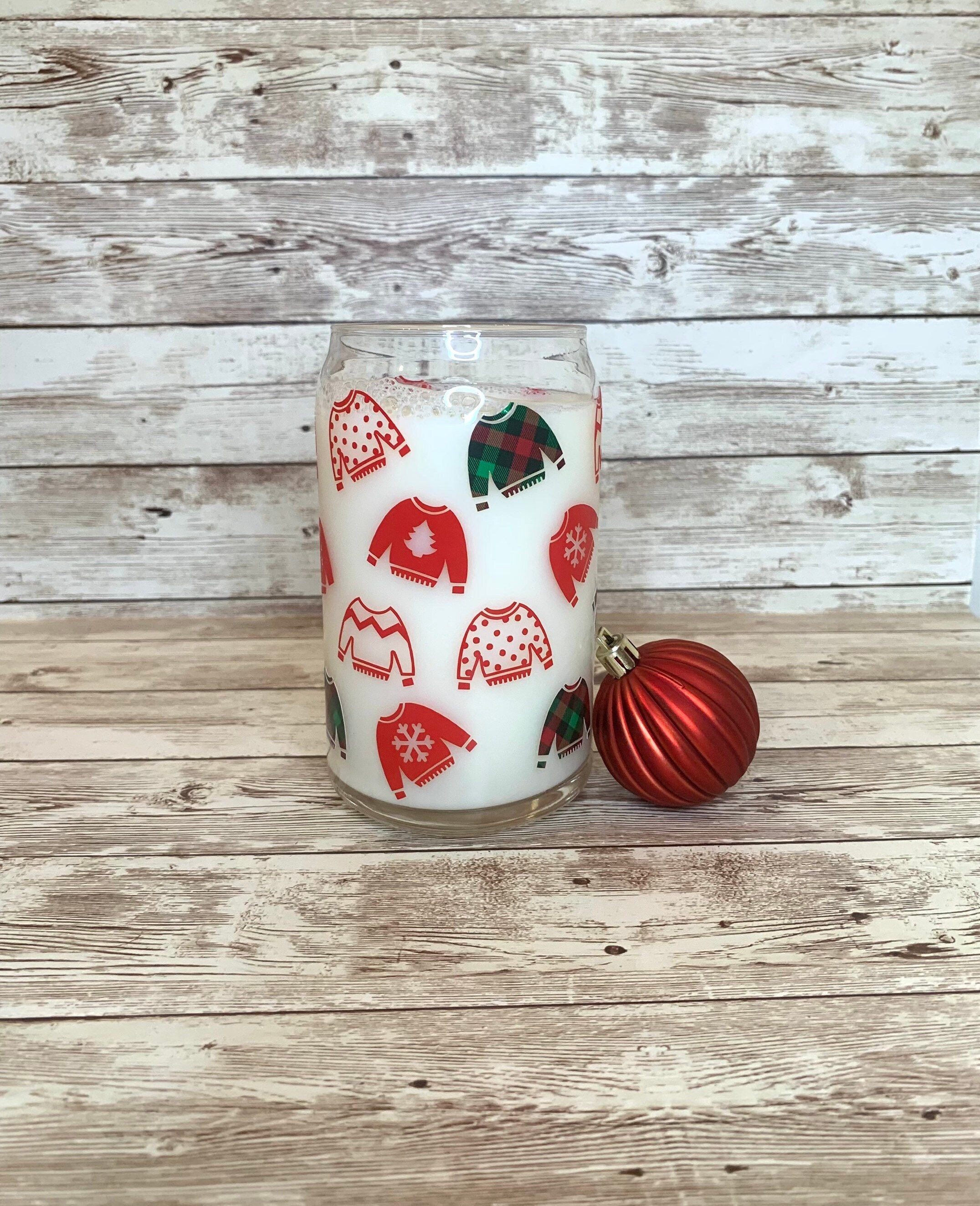 Christmas Beer Can Glass / Ugly Sweater Gift Idea / Iced Coffee Cup / Holiday Beer Gift / Red Green Glass / Christmas Gift Idea for Him Her