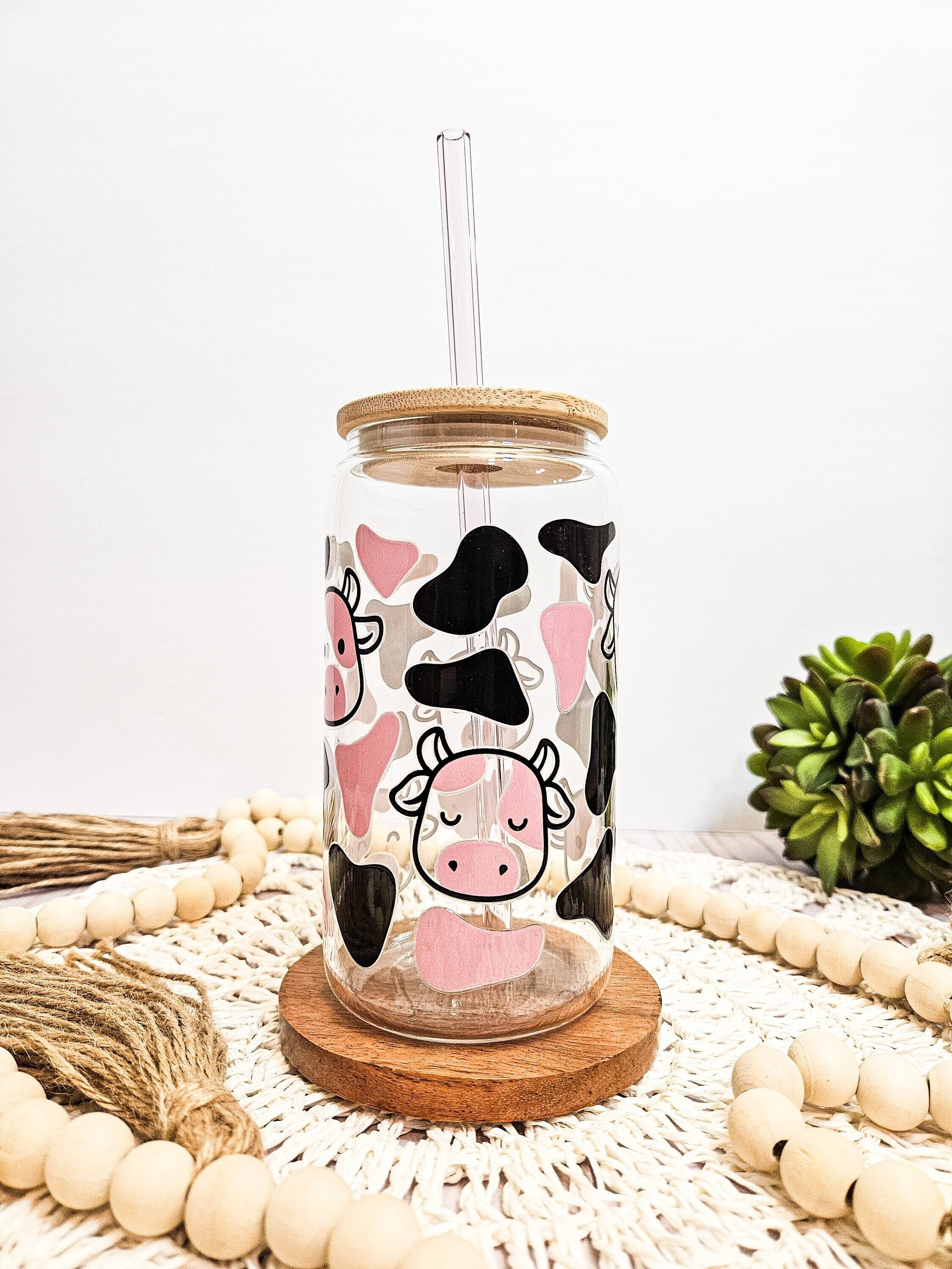 Cow Print Glass Cup Bamboo Lid, Cute Cow Face, Gift for Cow Lover, Cute Animal Glass Can, UV DTF Cup Wrap, Aesthetic Glassware, Jar Tumbler