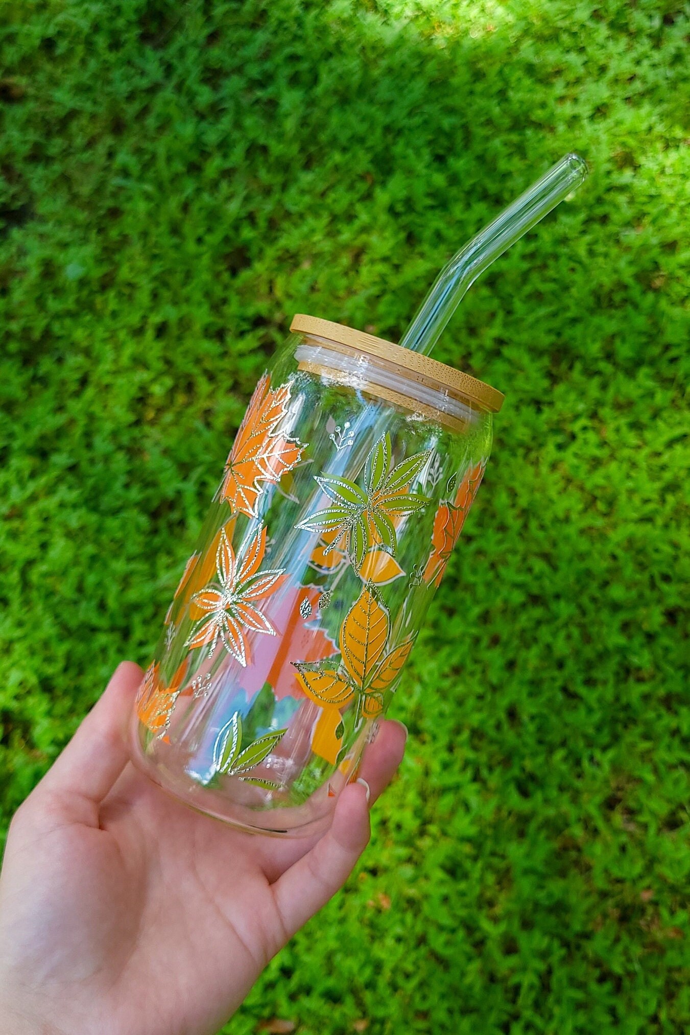 Fall Aesthetic Iced Coffee Glass Cup With Bamboo Lid And Glass Straw Boho Fall Can Glass Cup For On The Go Iced Coffee Lover Gift For Her